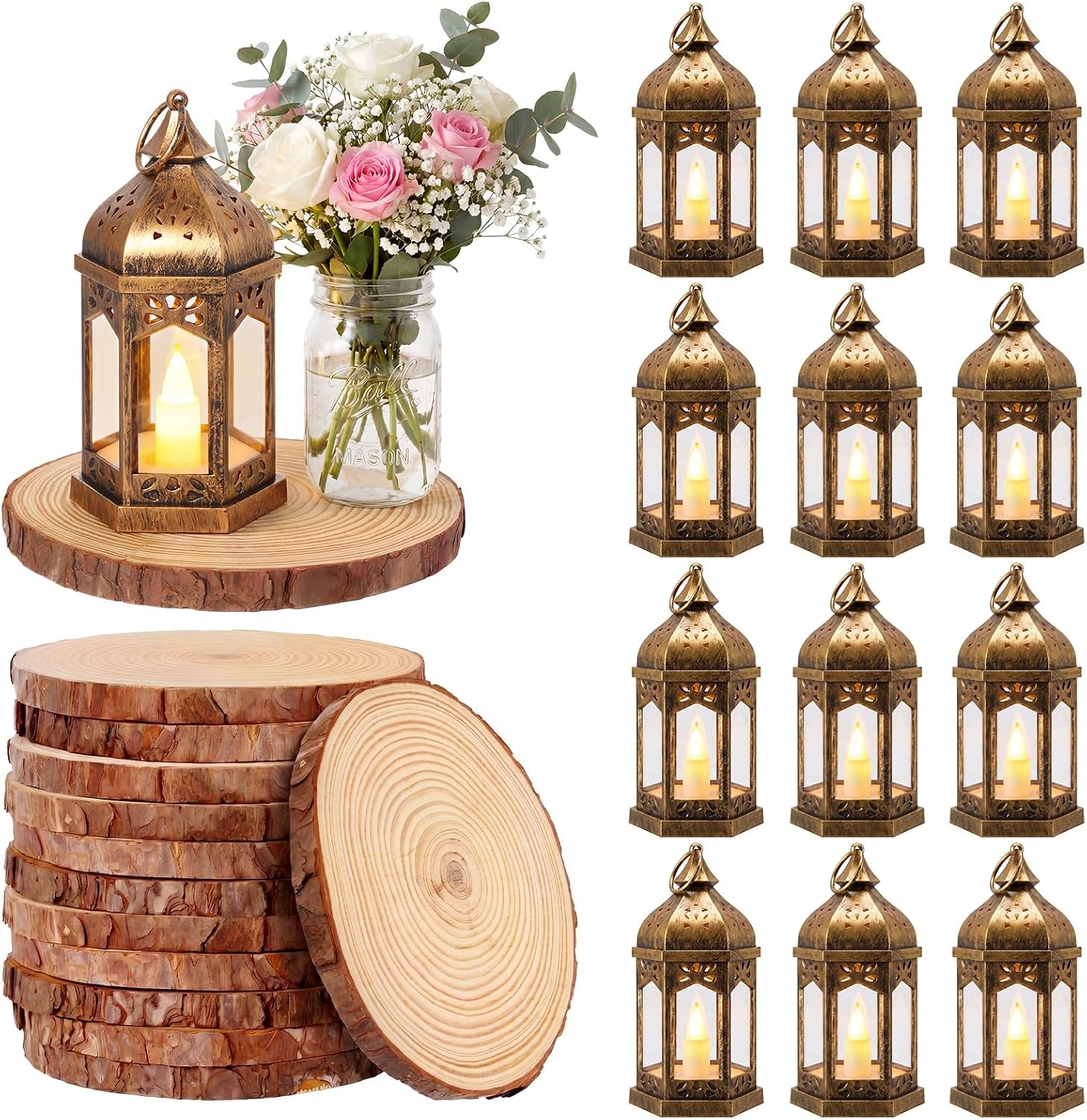 12 Set 7" Wedding Lantern with LED and 7.8-8.6" Wood Slice, Brown