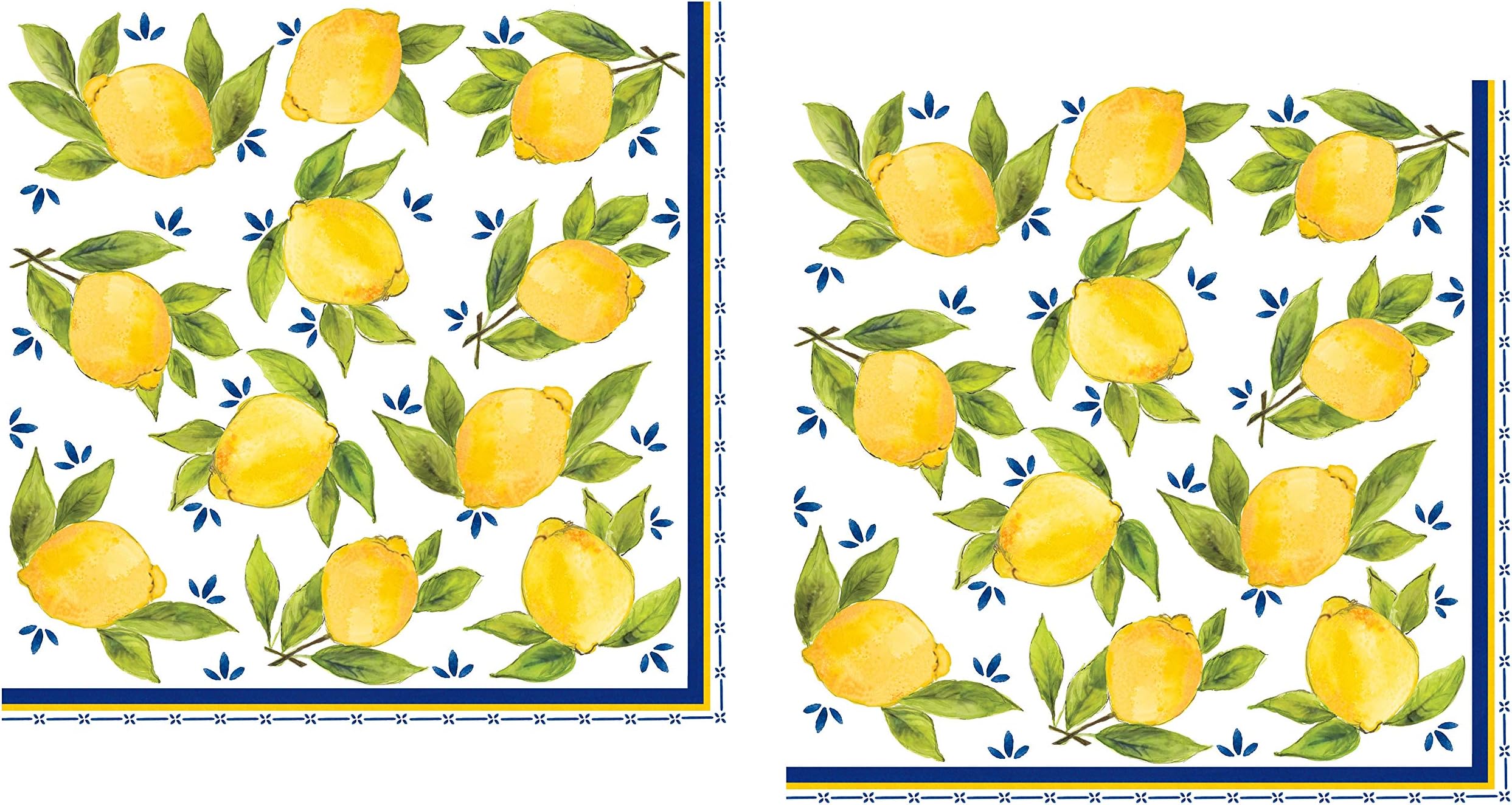 40 Le Cadeaux Lemon Paper Napkins | Disposable Dinner Paper Napkin Set | Tuscan Leaves and Floral Themed with Shades of Yellow, Blue, White