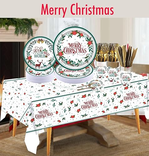 Miniatura 6 de Plato de papel de Feliz Navidad – 177 platos desechables de flores de Pascua de Navidad, platos de postre y servilletas para Navidad, suministros de