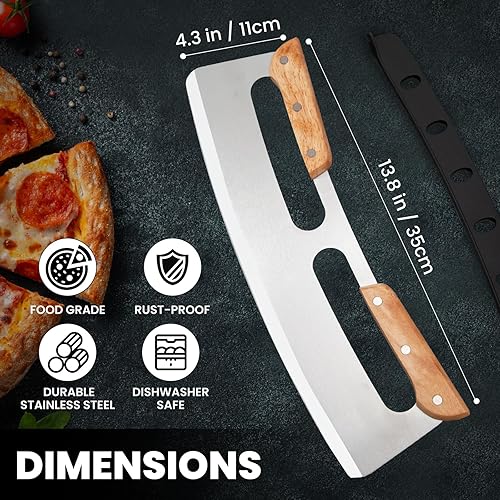 Miniatura 4 de SCHVUBENR Cortador de pizza de 14 pulgadas con asas de madera, cortador de pizza de acero inoxidable afilado con cubierta cómoda, rueda cortadora de