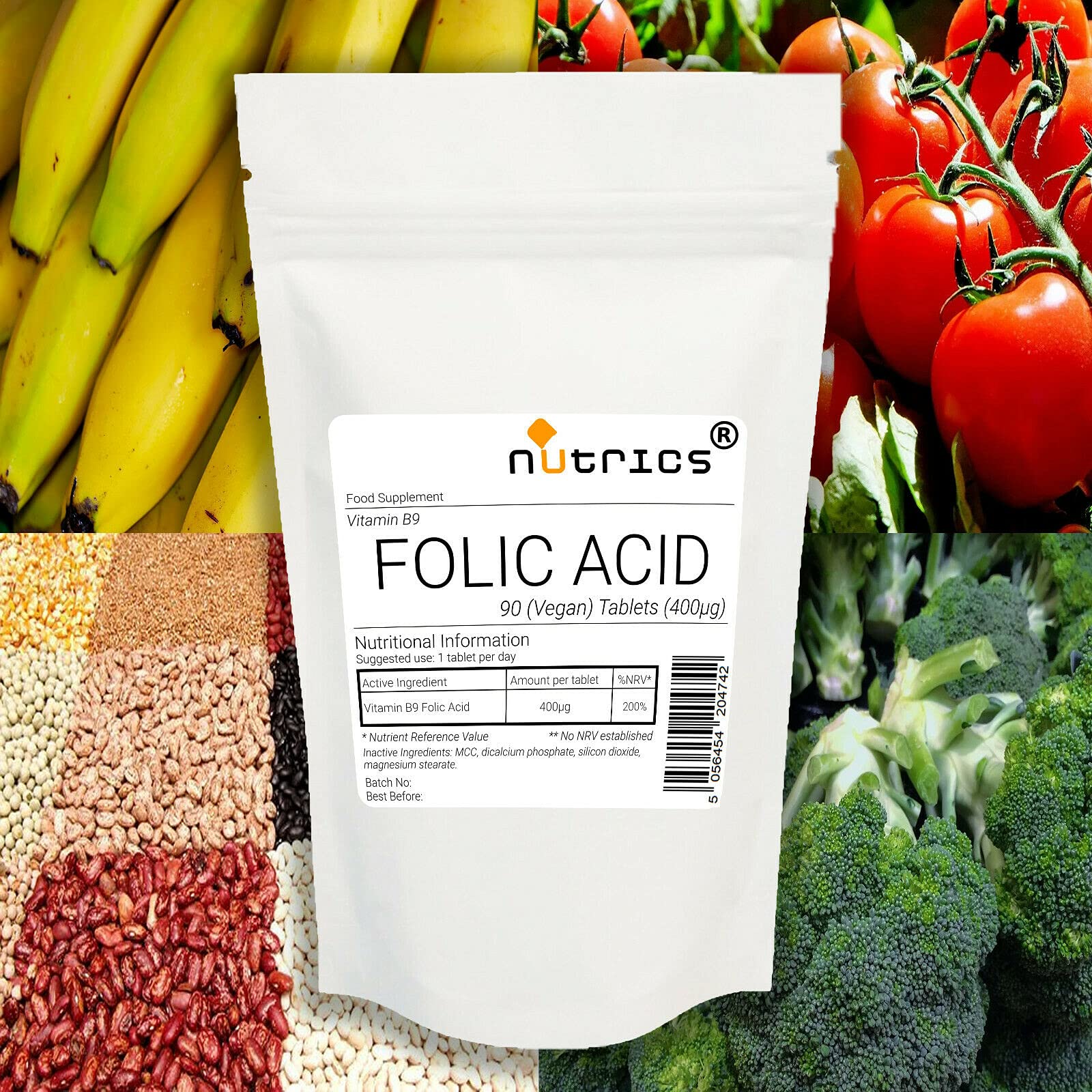 Nutrics® FOLIC Acid 400 µg Tablets | 90 Tablets (3 Month Supply) | Made in The UK by Nutrics Laboratories | Suitable for Vegan Vegetarian Halal Kosher