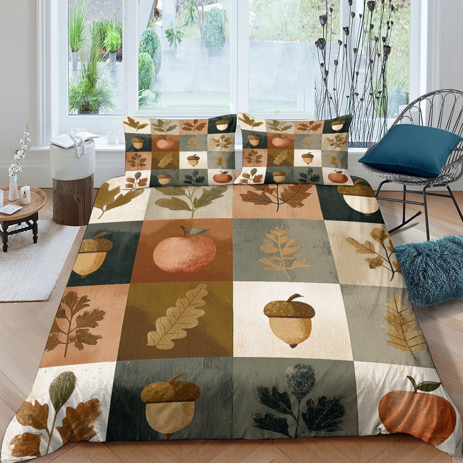 GPLZQXKJNH 3D Printed Autumn Leaves Duvet Cover Microfiber Soft Pumpkin Bedding Set with 2 Pillowcases for Bedroom Decor Single（135x200cm）