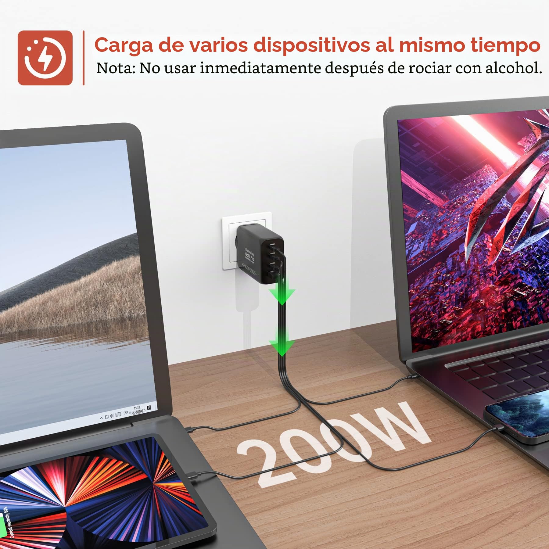 Rosaking Cargador USB C 200W,Cargador Rápido GAN III Tech,4 Puertos Cargador Rapido USB C para MacBook Air,Cargador Compatible con Samsung Galaxy Book