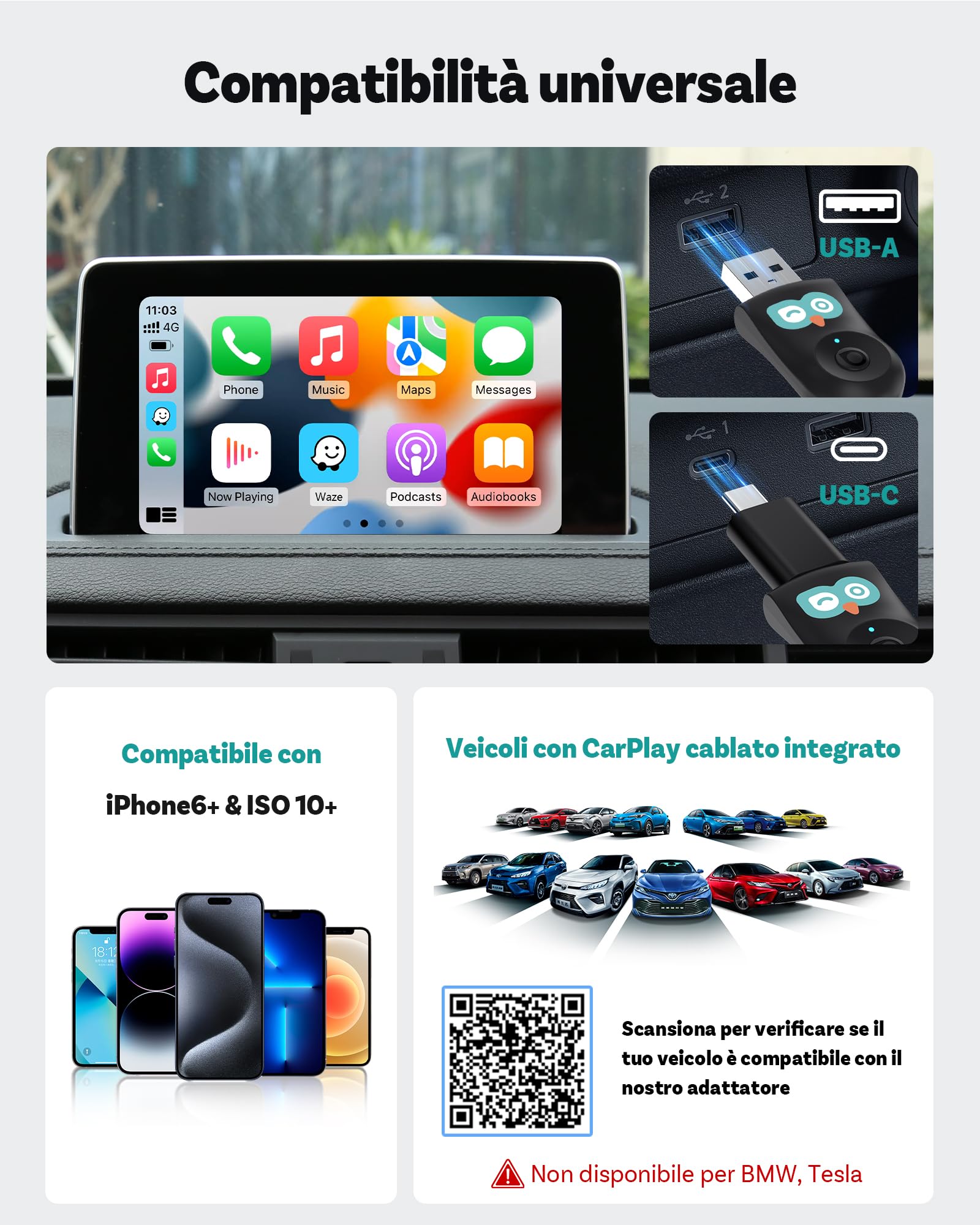 OTTOCAST Cabin Care 2026, 2-in-1 Adattatore CarPlay Wireless & Telecamera Bebè Auto 1080P, Visione Notturna IR, Grandangolo 150°, Monitor Sedile Posteriore, Compatibile con Auto CarPlay Cablate 2016+