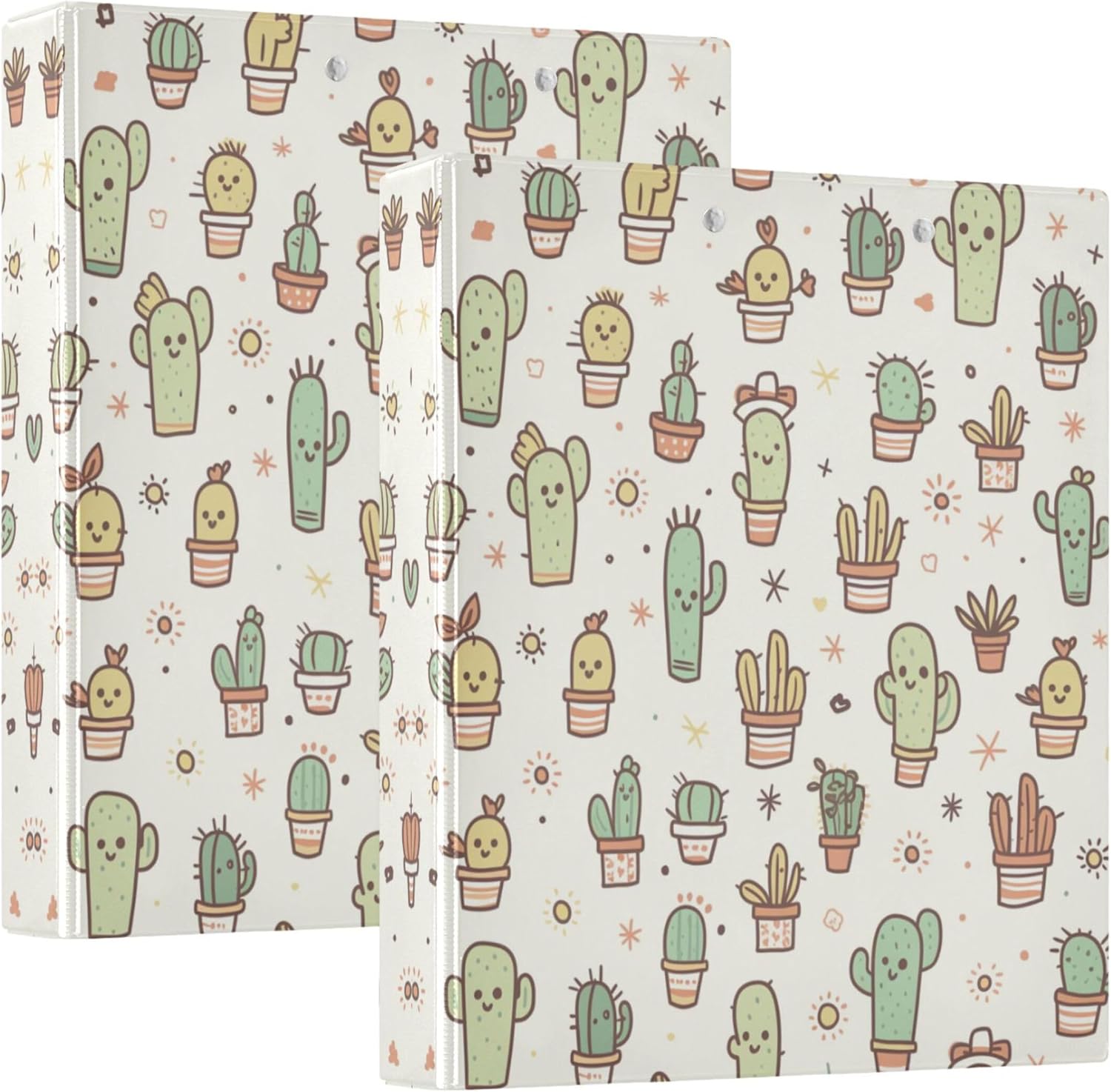 Cactus Pattern 3 Ring Binders, 1.5” Round Ring Binders with Clipboard - Letter Size, 3 Interior PVC Clear Pockets & Anti-Slip Clip for Office School Supplies, 2PCS
