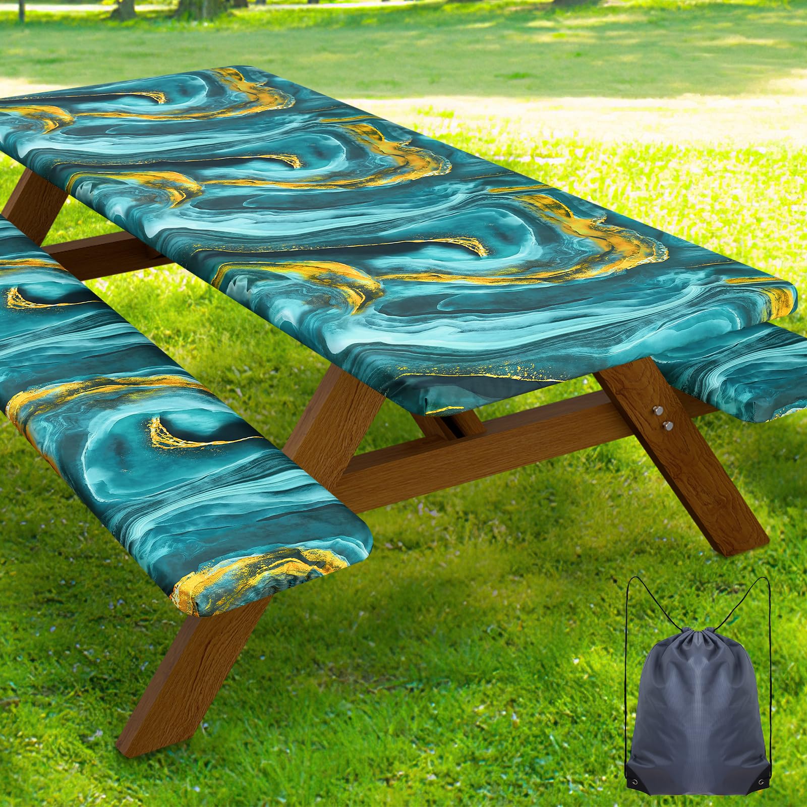 Smiry Picnic Table Cover with Bench Covers, Waterproof Elastic Fitted Tablecloth for 5 Foot Tables, Washable Polyester Tablecloths for Camping, Indoor &amp; Outdoor (Teal &amp; Gold, 30x60 Inch 3-pc Set)