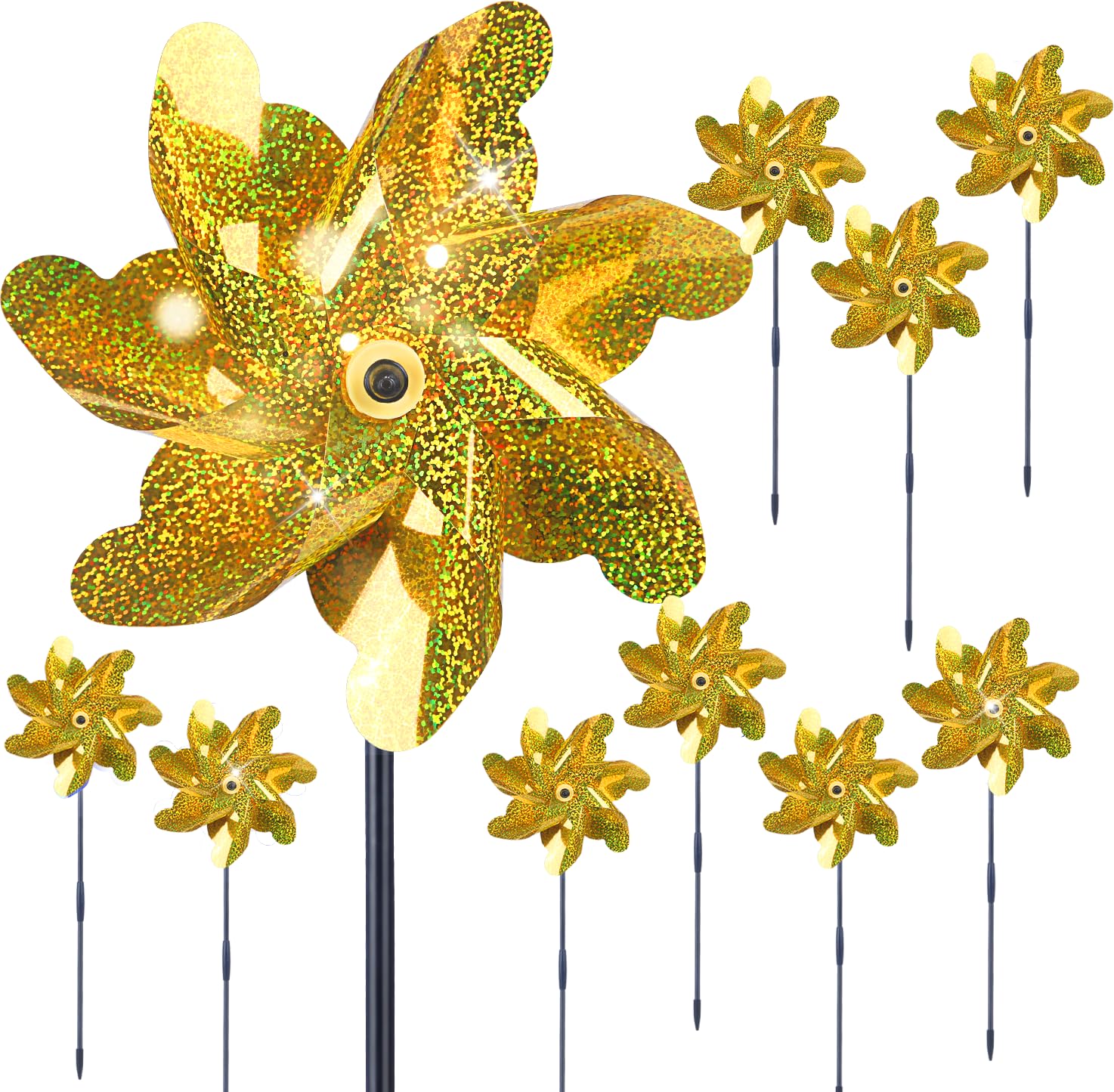 BATTIFE Preassembled Reflective Pinwheels for Yard &amp; Garden, Gold, 10 Pack