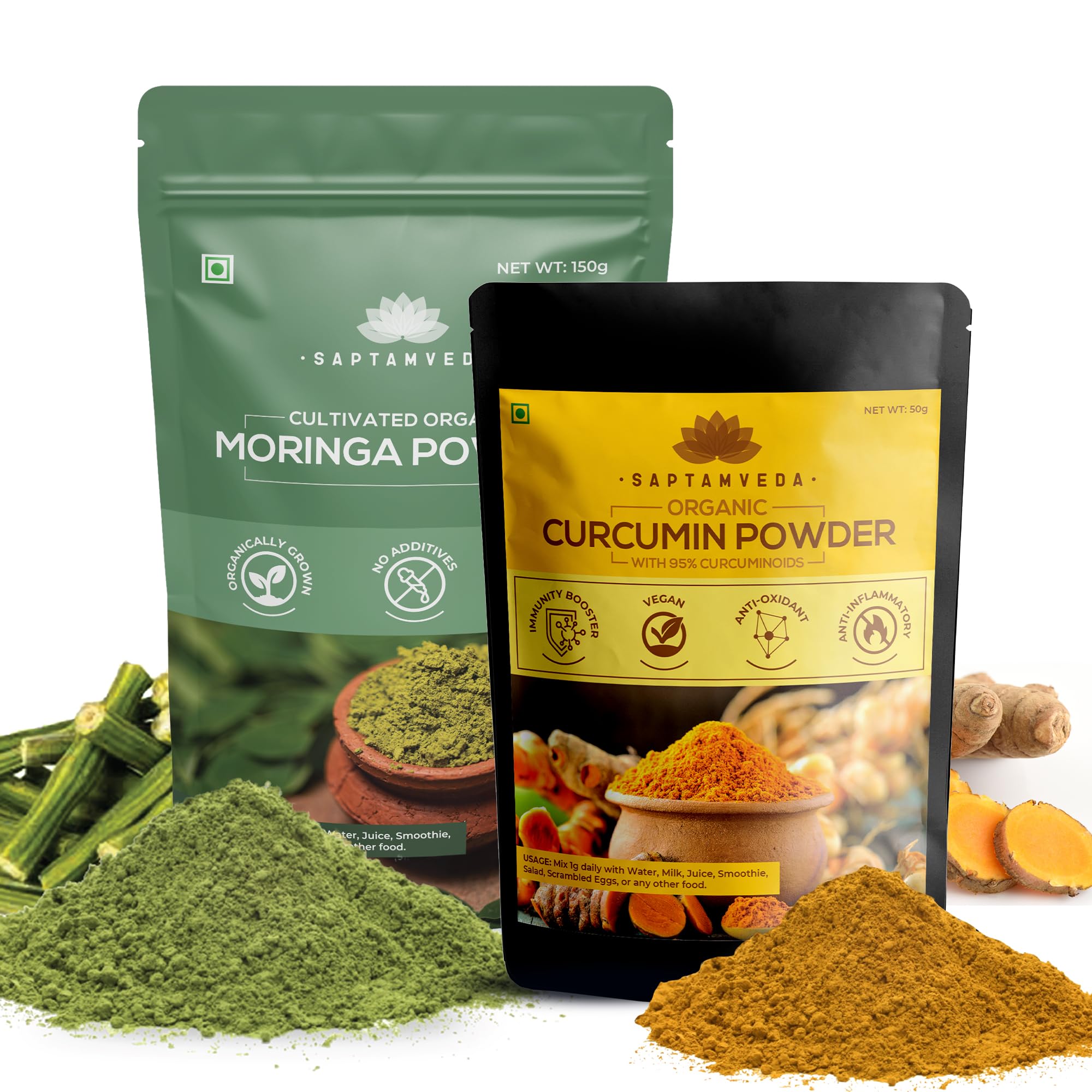 SAPTAMVEDA 100% Organic Moringa Powder and Organic Curcumin Powder (150 gms + 50gms) - Superfood Combo-image-15