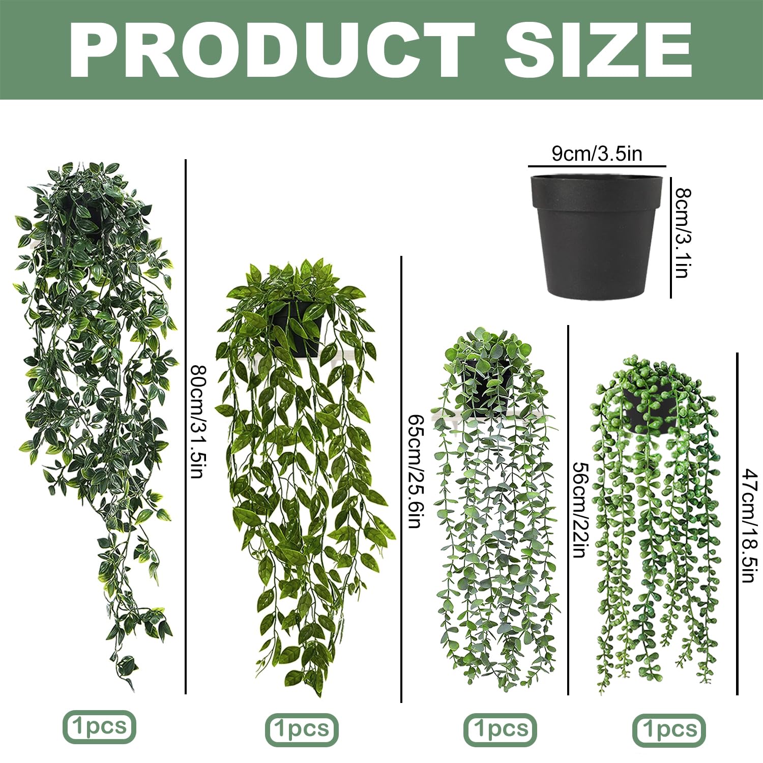 Lighterday Set of 4 Artificial Hanging Plants Fake Plants with Pots Artificial Vines Plants Indoor Outdoor for Wall Home Kitchen Garden Office Decoration (4 HANGING PLANT) - Image 2