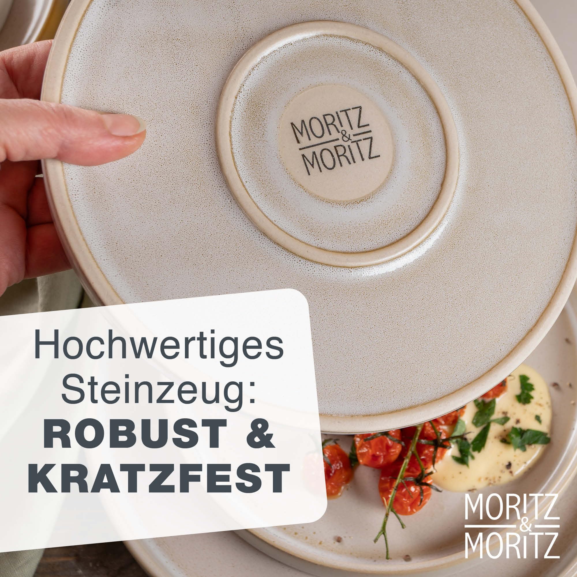 Moritz & Moritz CASTELLO 40-teiliges Geschirrset 8 Personen Beige - Teller Set aus Steinzeug - Geschirr Set Beige aus je 8 Dinnerteller, Dessertteller, Suppenteller, Schüsseln und Tassen