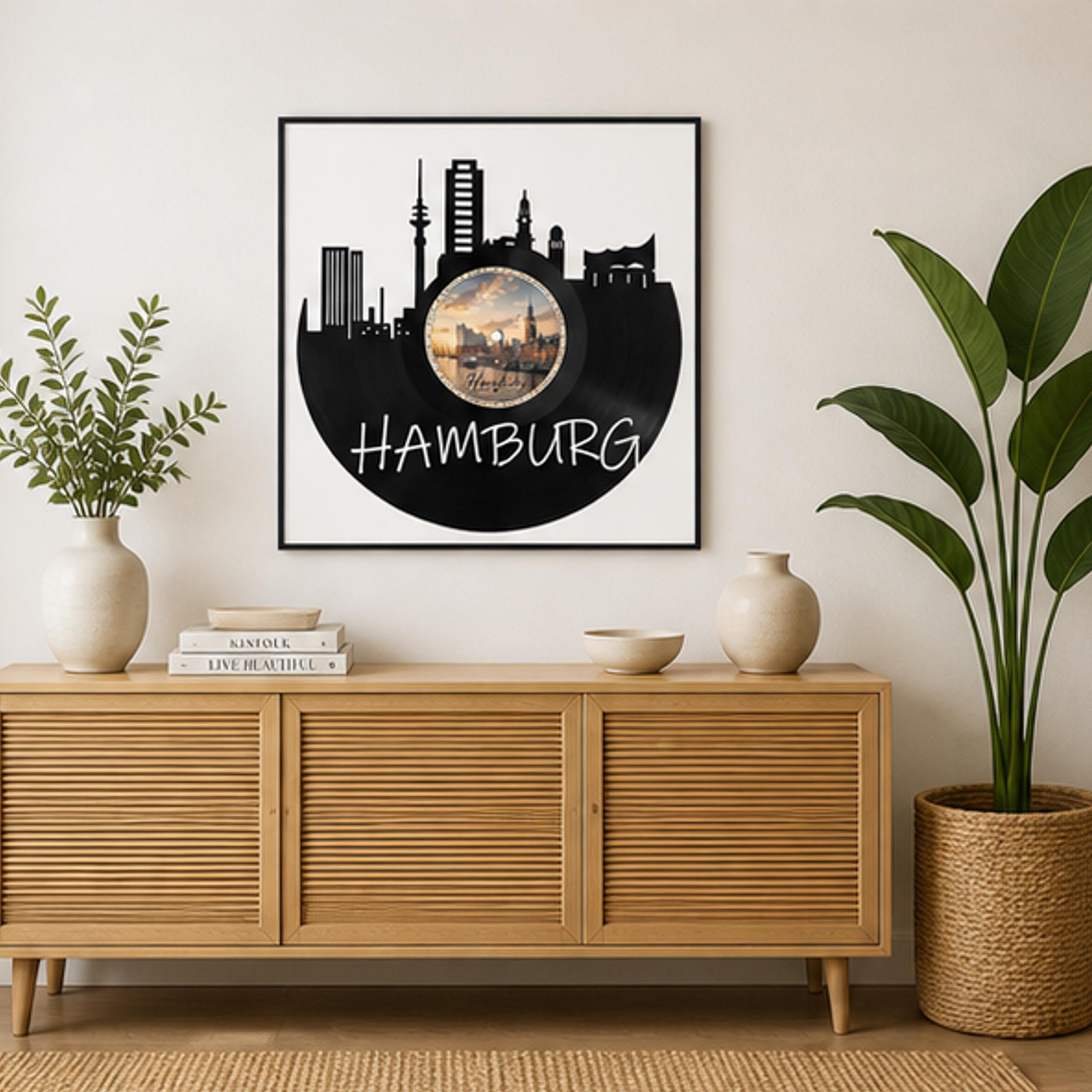 EVEVO Dekoracja ścienna z płyty gramofonowej w ramie 32 x 32 cm Hamburg – winylowa sztuka ścienna Hanzestadt prezent dla fanów Hamburga