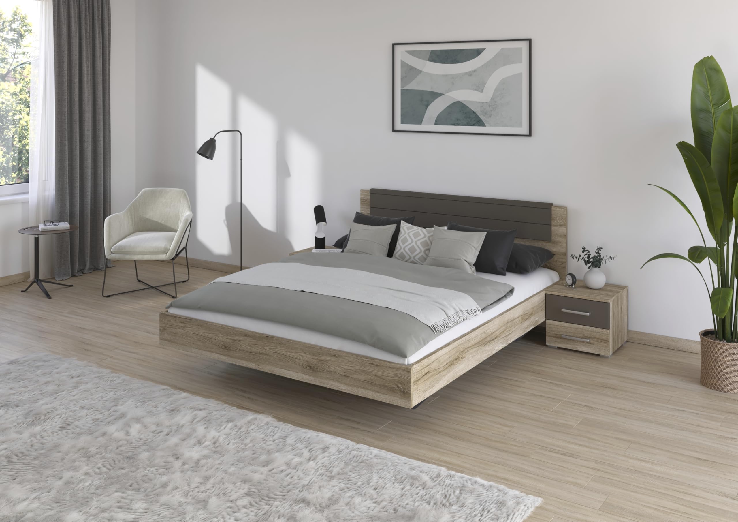 Rauch Möbel Barcelona - Camera da letto in rovere Sanremo chiaro/grigio lava, composto da letto con superficie di appoggio 160 x 200 cm, con 2 comodini e armadietto con ante sospese, 226 x 210 x 62 cm