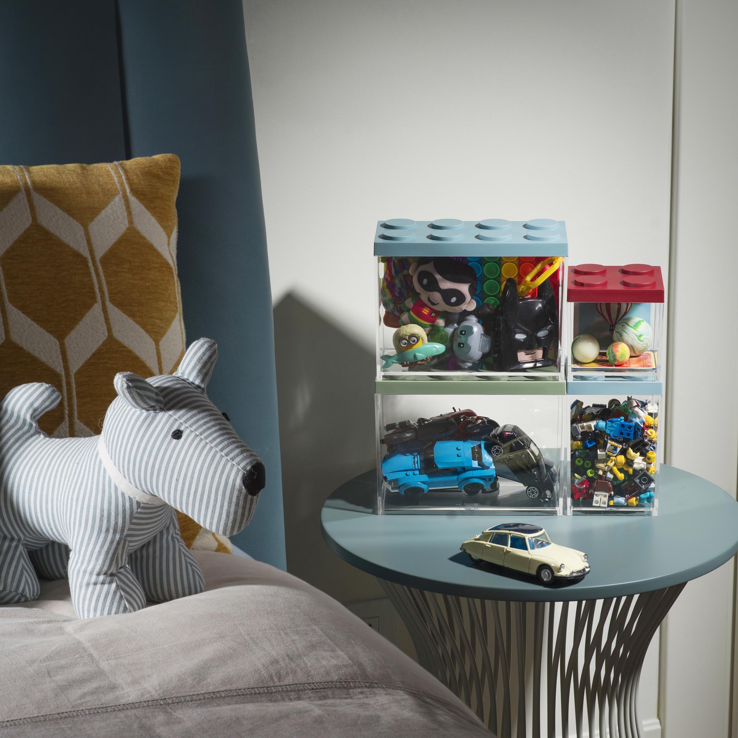 OMADA Set 4 Portaspezie + 3 Contenitori per Alimenti, Coperchio Mattoncino | Set Misto di 3 Contenitori Trasparenti Impilabili e 4 Porta Spezie, Collezione Brickstore
