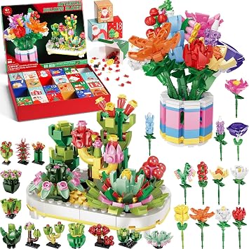 Advent Calendar 2025 for Kids Teens Adults, 24 Days Surprise Botanical Building Blocks Christmas Countdown Calendar Gift Box with 12 IN 1 Succulent & Flowers Building Bricks Toy for Boy Girl Women Men