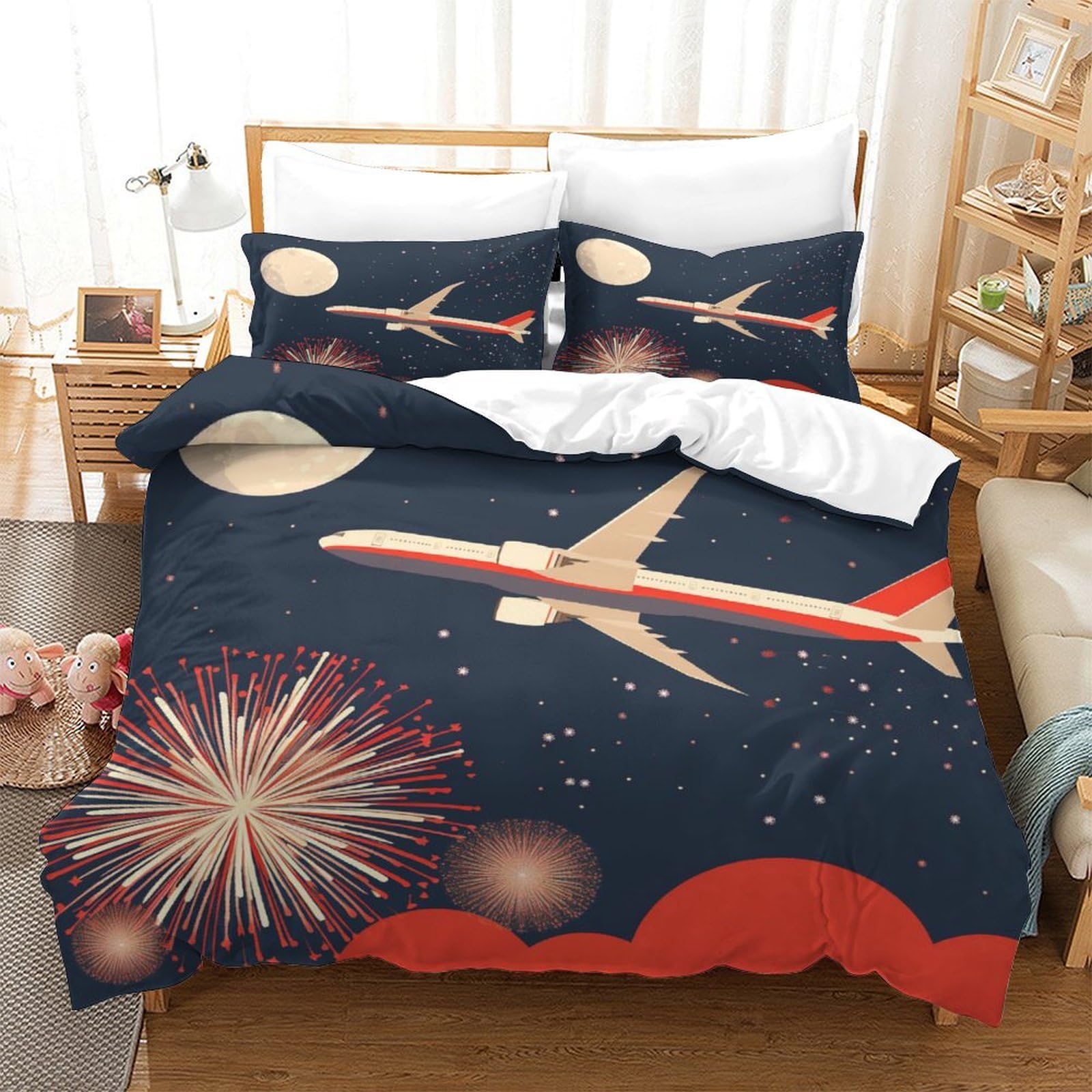 P1S9U7W5Y 3D Printed Fireworks Flight Duvet Cover Set 3pcs Microfiber Aviation Bedding Set Double（200x200cm）