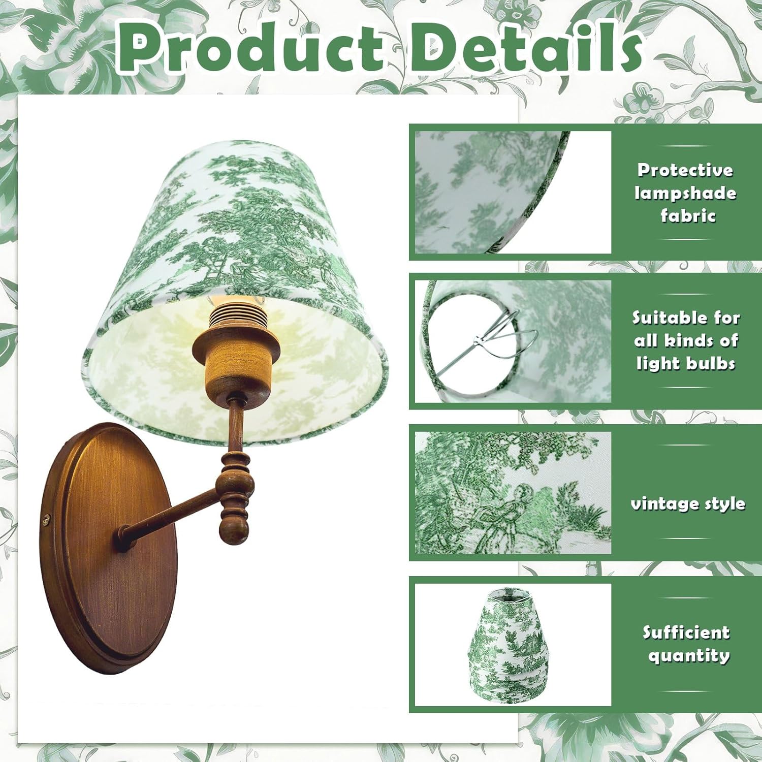 Vihose 6 Pcs Chandelier Lamp Shades Small Lamp Shade 3 Top x 6'' Bottom x 5'' Slant French Countryside Toile Clip on Lampshade for Wall Sconces Pendant Lighting(Crane and Human,Green)
