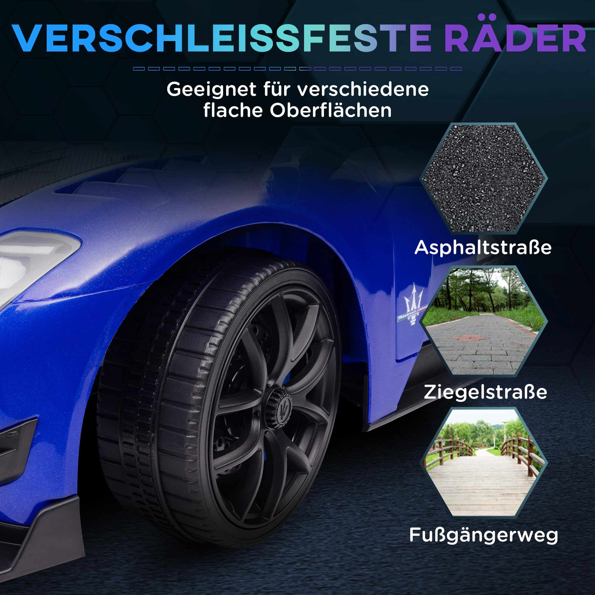AIYAPLAY Kinder Elektroauto Maserati GT2 12V Doppelmotor 3-5 Jahre Blau | 2,4GHz Fernbedienung, Musik, Hupe, 4 Stoßdämpfende Räder, Lichten, Stützräder, 3-5 km/h, Elektro Kinderauto