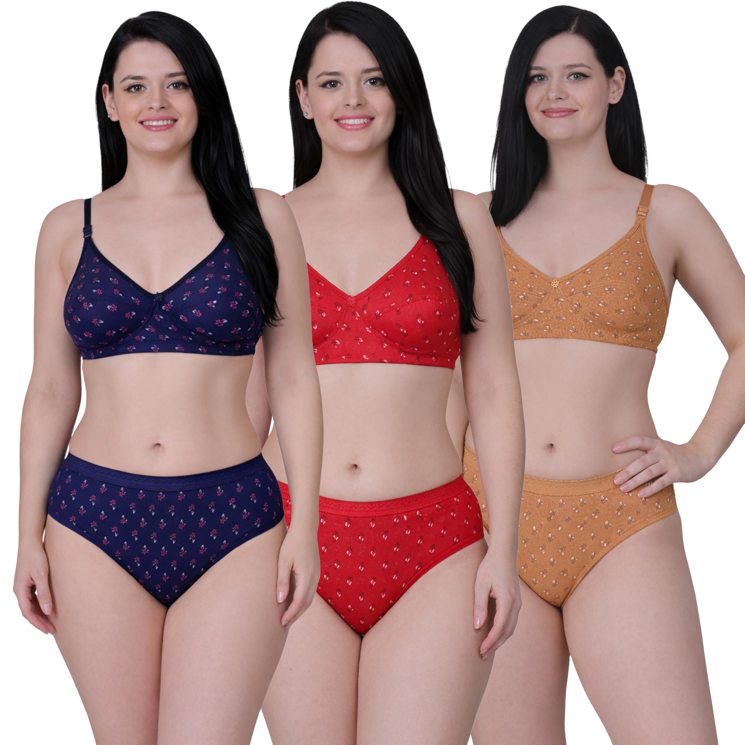 Pack of 3 Printed Bra Panty Set for Women | Comfortable Non-Padded Non-Wired Lingerie Set | T-Shirt Bra with Matching Hipster Panty | Soft Innerwear for Girls-image-29