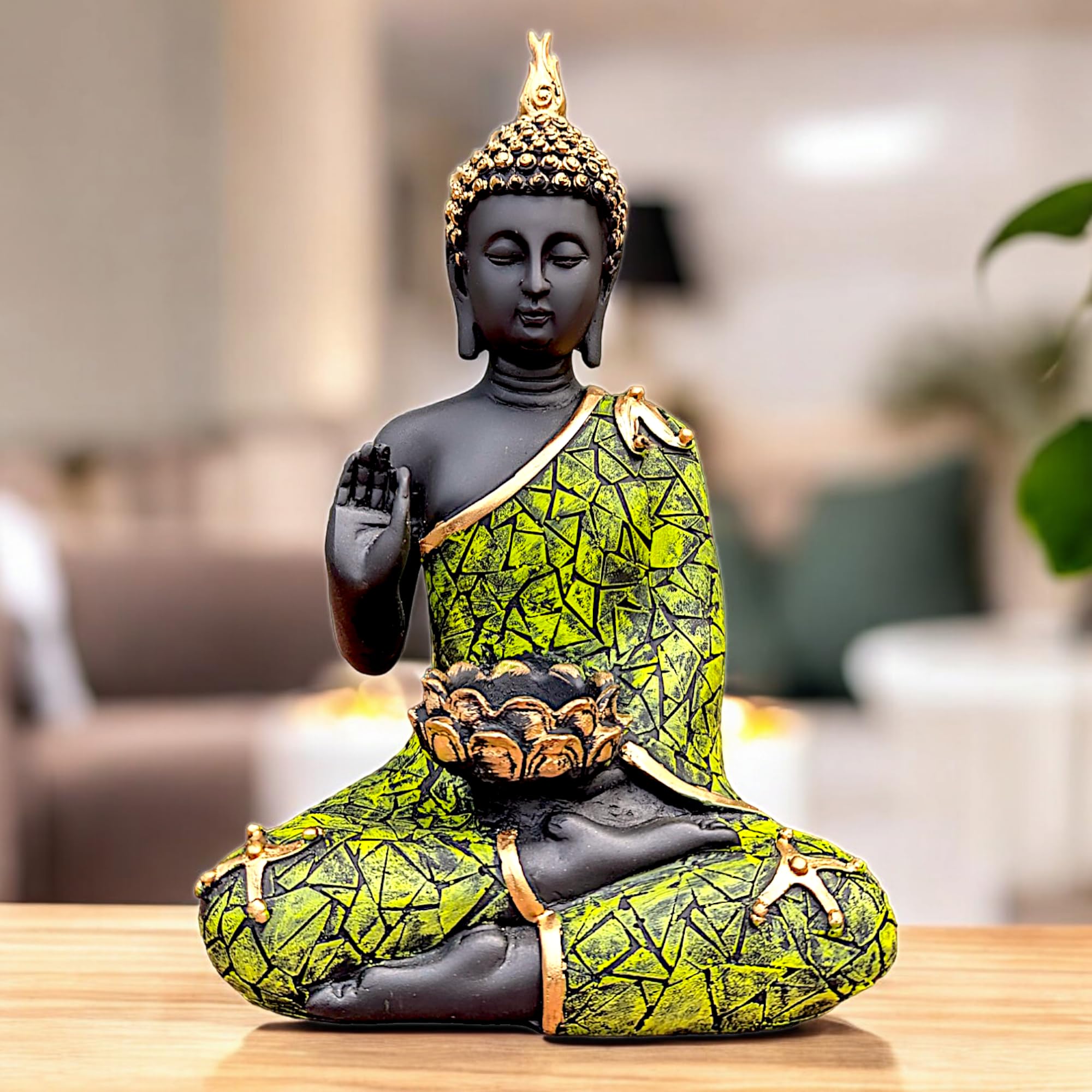 Antique Big Meditating Buddha Statue Showpiece with Tea Light Holder Home Decor - Office Decor - Gifting - Lord Buddha Idol Polyresin Figurine - (9 Inch / 23 cm, Black, Green/Gold)