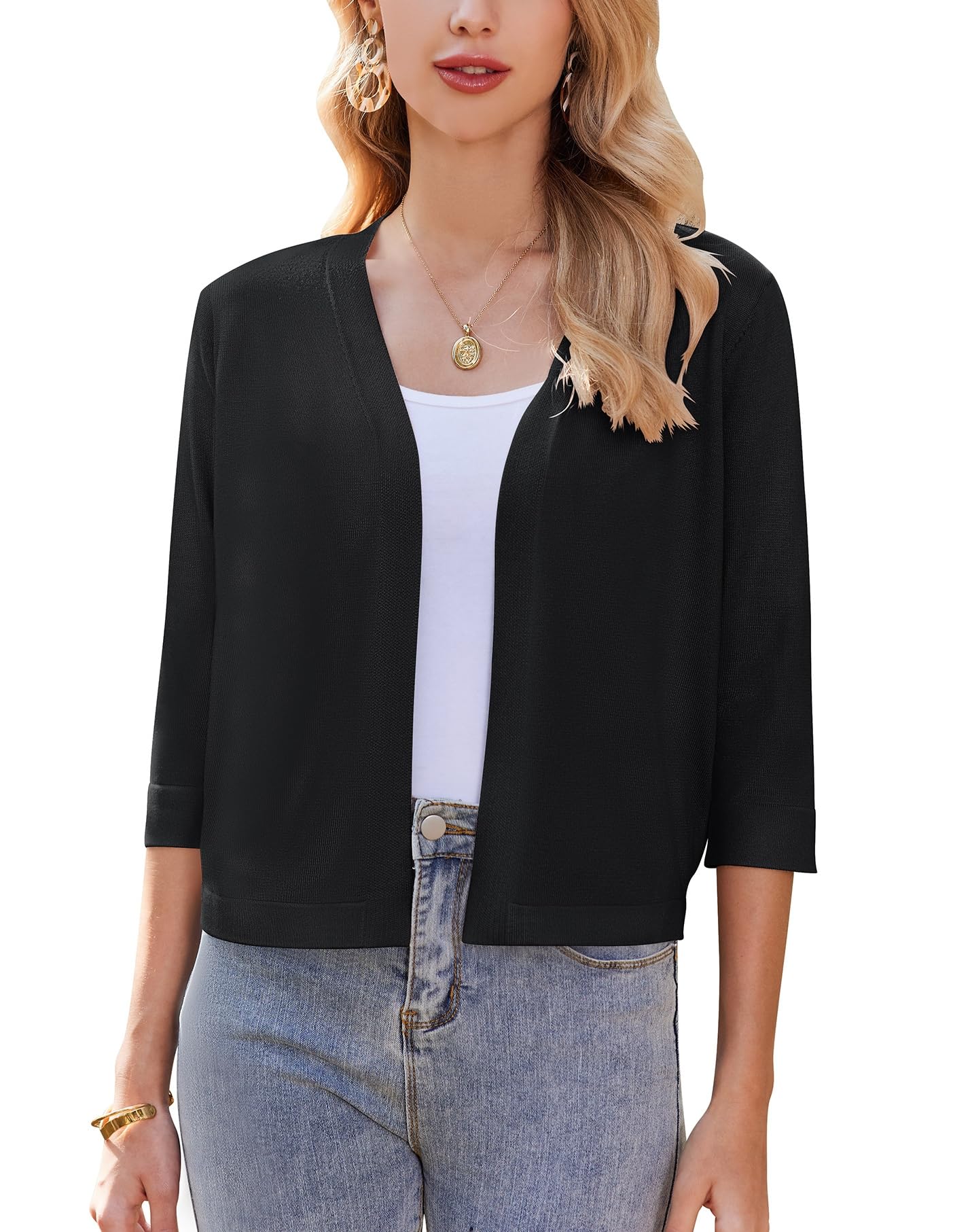 ZEAGOO Damen Bolero Elegant Strickjacke Kurz Bolerojacke 3/4 Ärmel Schulterjacke Festlich Kurze Jacke zum Kleid Open Front Cardigan S-XXL