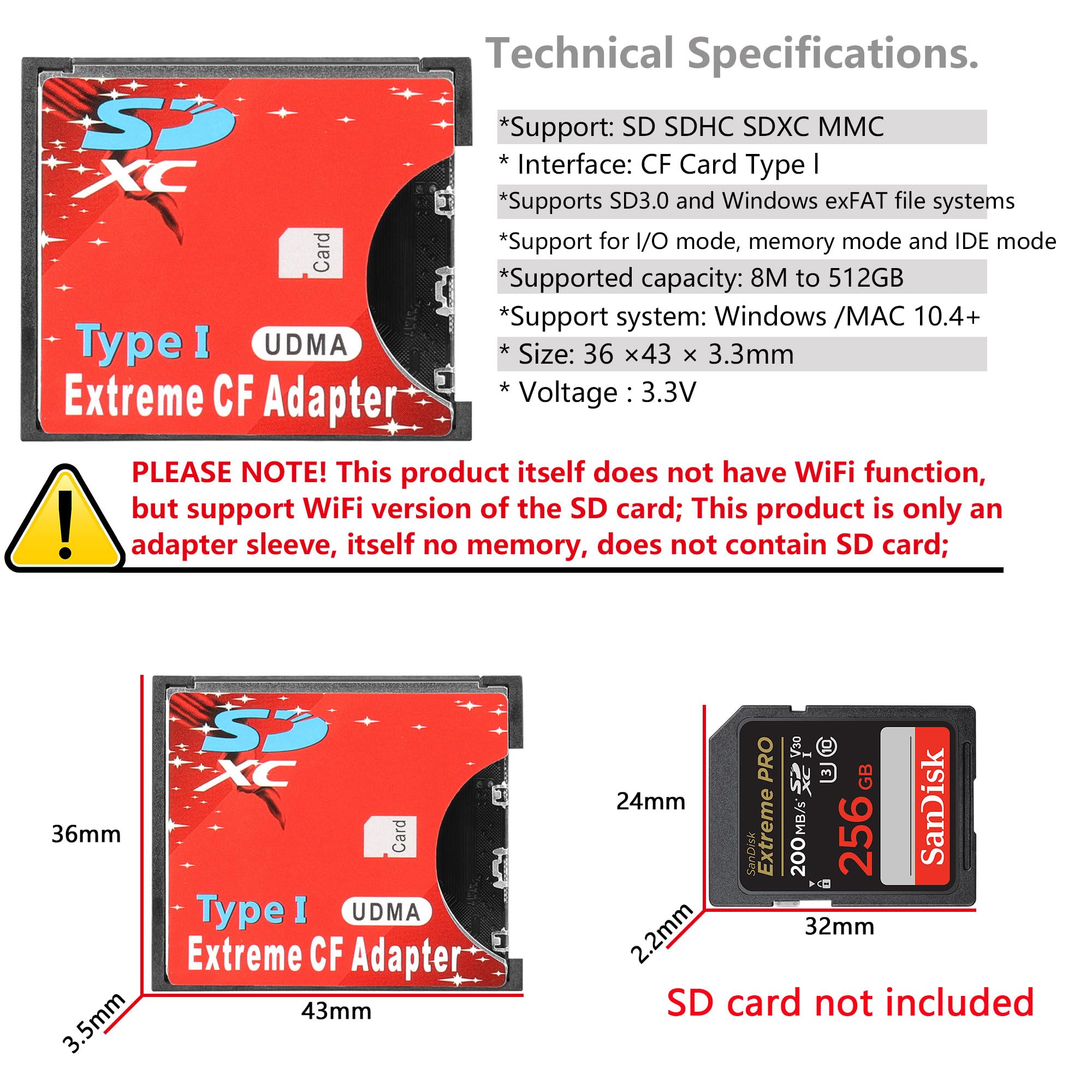 CERRXIAN SD to CF Card Adapter SD SDHC SDXC to CF Compact Flash Card Adapter Type I CF to SD Card Converter