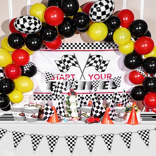 Miniatura 6 de Suministros para fiesta de cumpleaños de automóvil, decoraciones de carreras, mantel de pista de carreras y corredor, tema de automóvil para niños,
