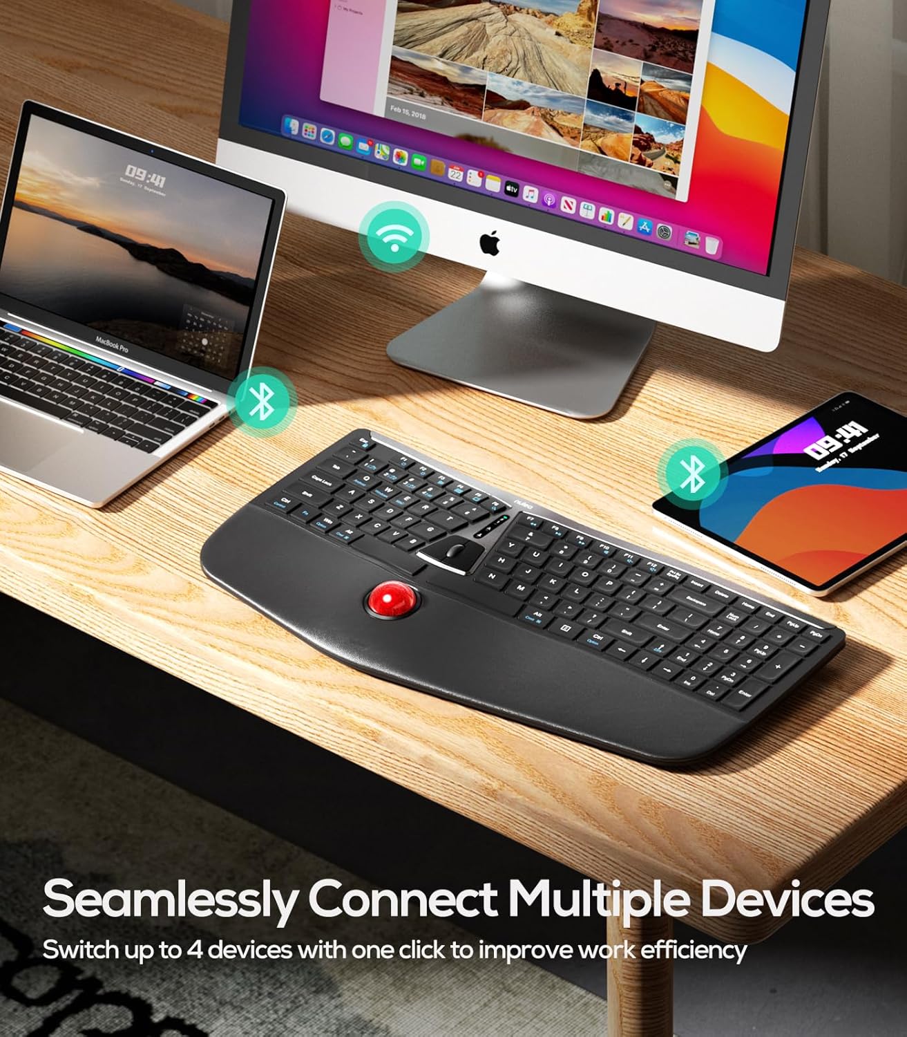 Nulea RT07 клавиатурасы ноутбукка, жумушчу стол компьютерине жана планшетке зымсыз туташкан.