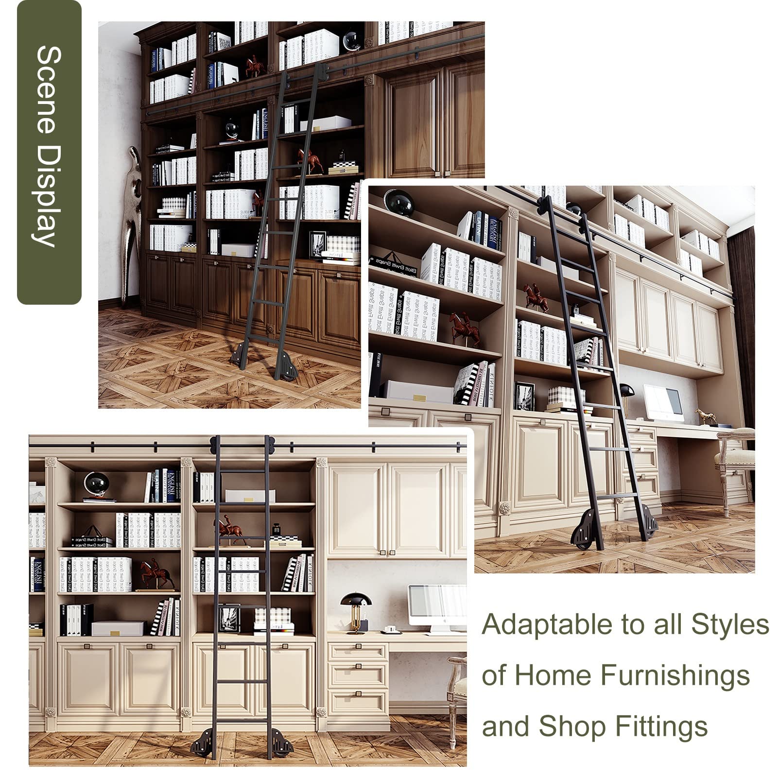 Luyckfrazy Scala per Libreria Scorrevole Binario Sospeso 3.3ft-20ft, Kit per Ufficio a Soppalco Con Ruote a Pavimento (Senza Scala) (Size: 200cm Kit Pista)