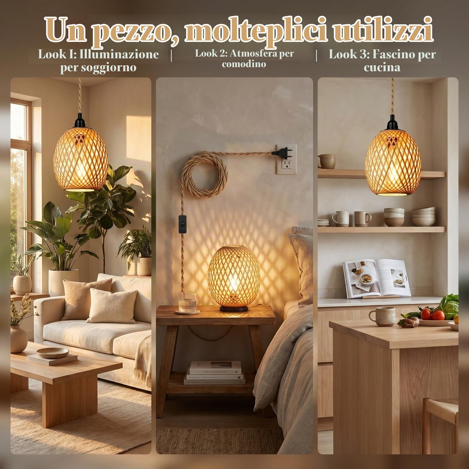 Colexy Lampadario a Sospensione in Bambù e Rattan con Cavo 4,5m e Spina, E27 Lampada Vimini Intrecciato a Mano, Luce Vintage Naturale per Camera da Letto, Cucina, Soggiorno (Senza Lampadina)