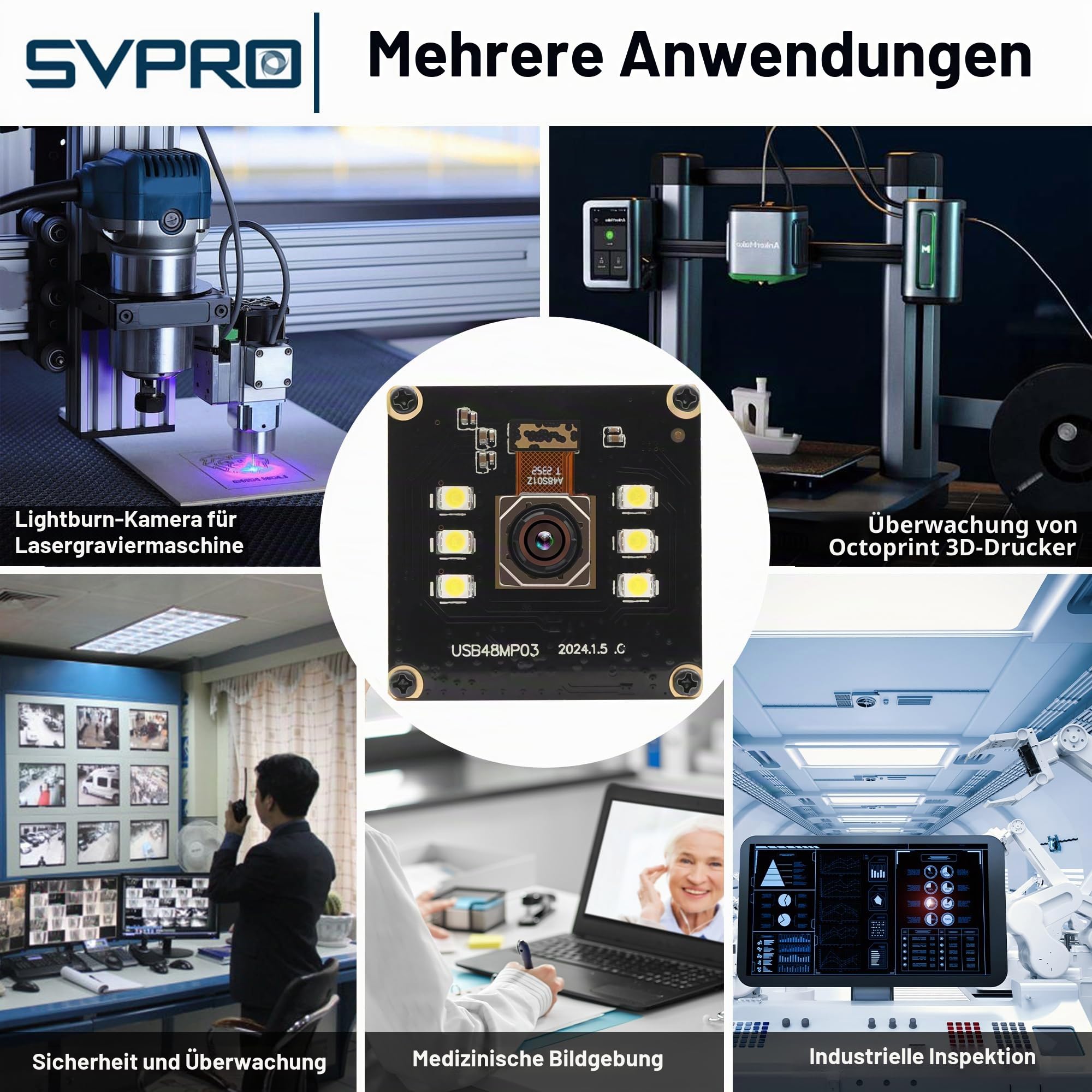SVPRO 48MP Autofokus USB Kameramodul mit Licht, USB Webcam Board Nachtsichtkamera für Computer, Industrielle Machine Vision Kamera 8000x6000 Pixel Lightburn Kamera für Linux Anroid Board Jetson Nano