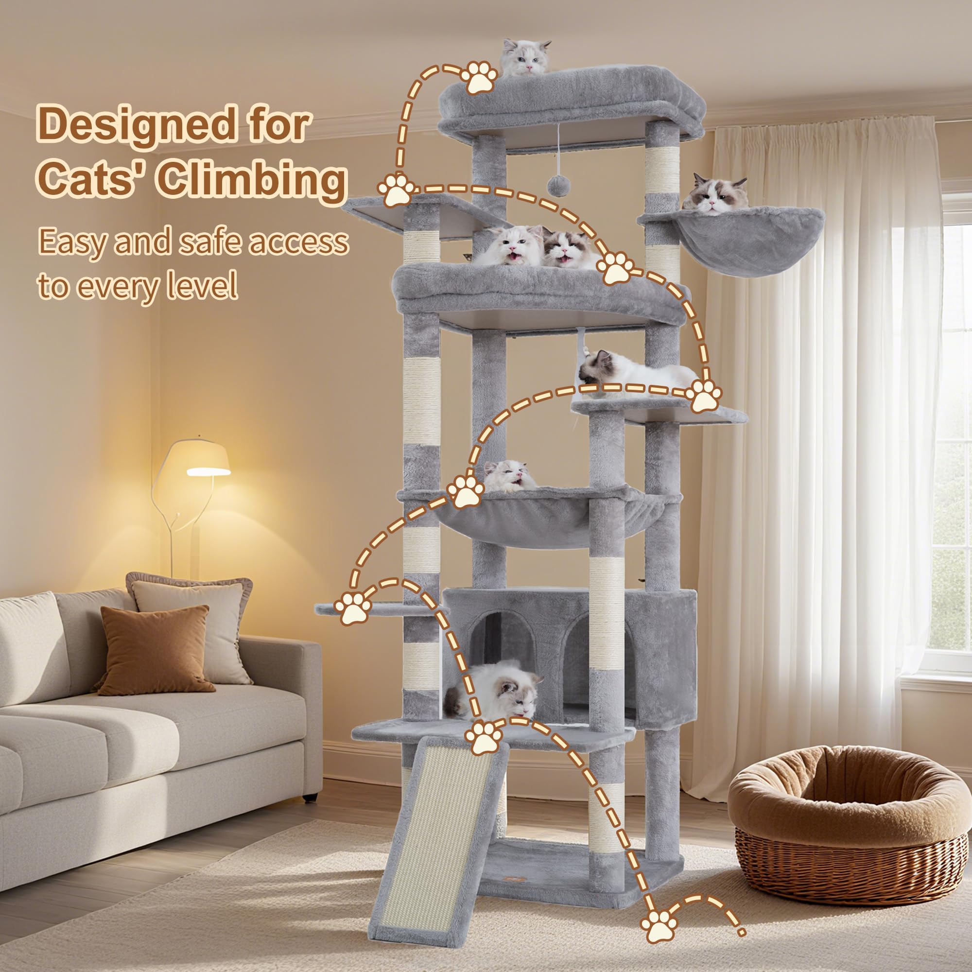 Heybly Rascador para Gatos, 191cm Arbol Rascador Grande con 2 Plataformas Descanso Extra Grandes, Superficie para Rascar, Cueva Grande Cesta Poste Sisal Adecuado Gatos Adultos, Gris Claro HCT038W