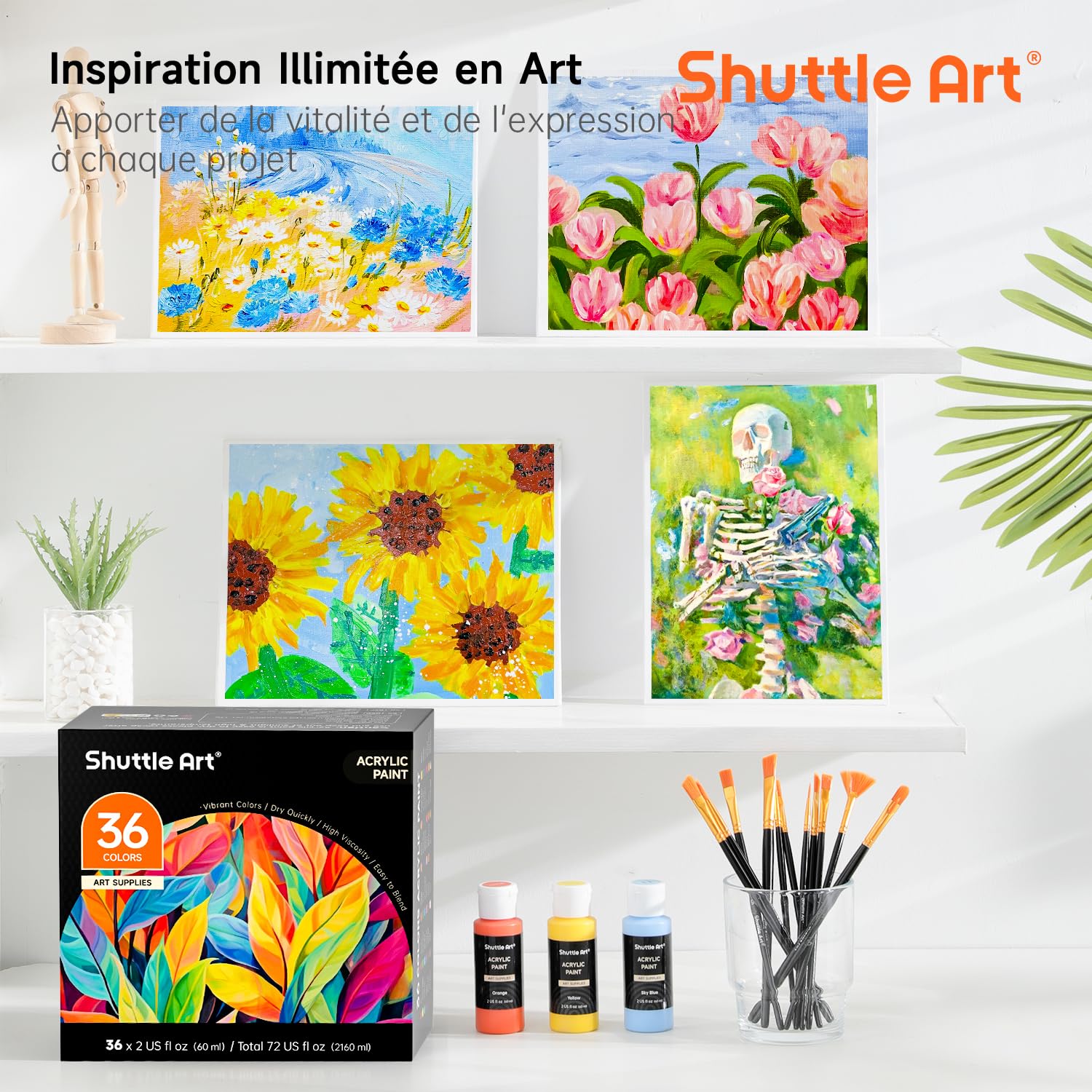 Shuttle Art Peinture Acrylique, 36 Couleurs (60ml) Kit Peinture Acrylique avec 12 Pinceaux 1 Palette, Riche Pigmentée, Non Toxique pour Artiste Débutant Adulte Enfant sur Toile Tissu