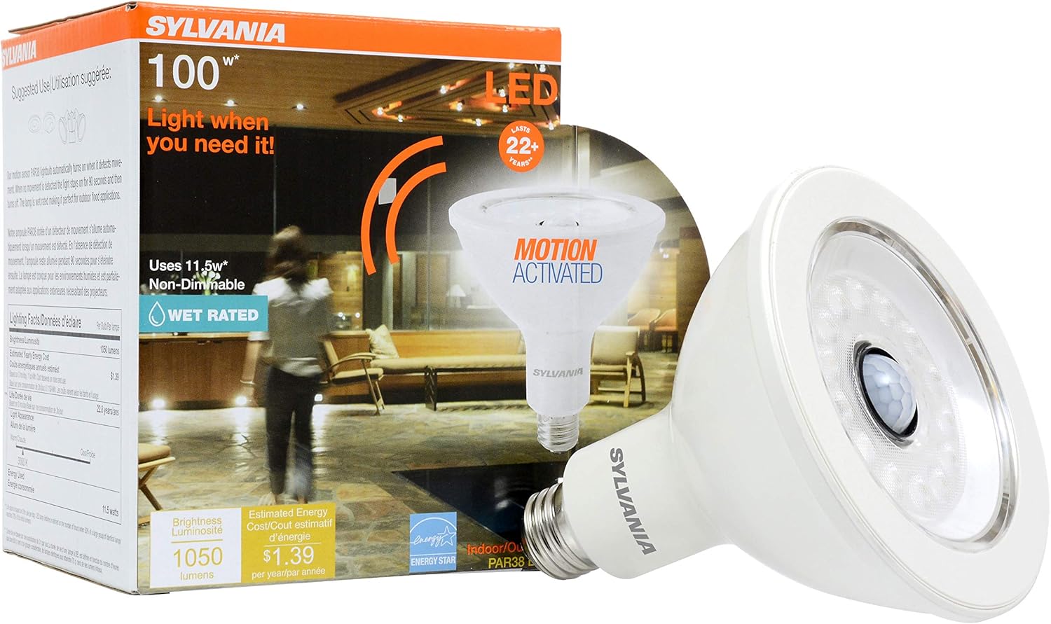 Sylvania LED Motion Activated PAR38 LED Light Bulb, 100W = 11.5W, Indoor/Outdoor, 22 Year, Non-Dimmable, Wet Rated, Energy Star, 3000K, White – 1 Pack (40195)