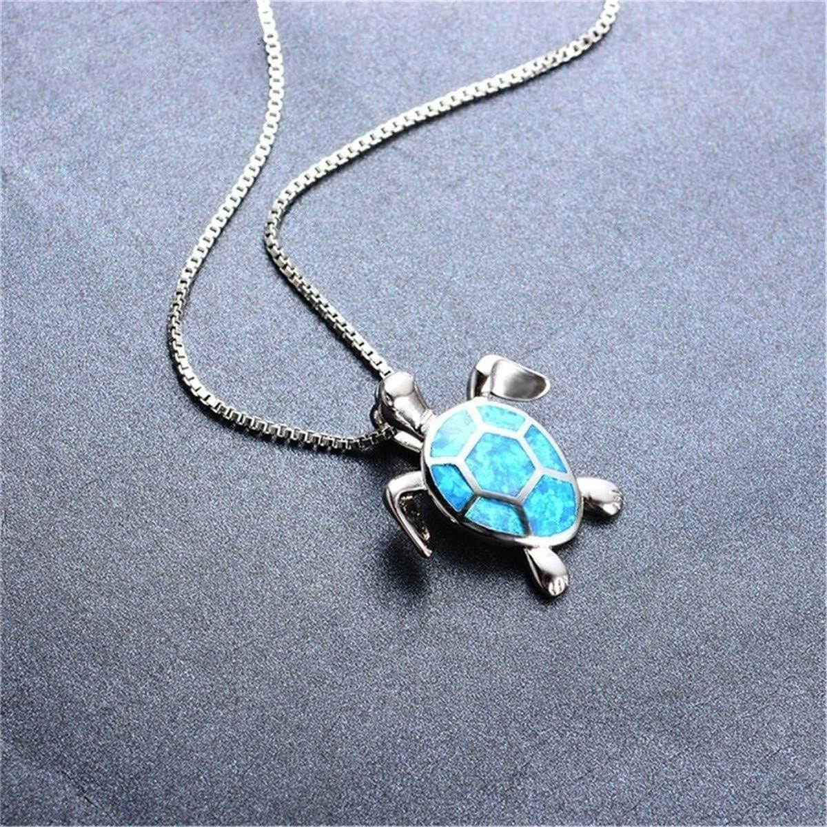 WEILYDF Cute Turtle Pendant Necklace Lovely Animals White Created Fire Opal Silver Chain Necklace Jewellery Gifts (Blue)