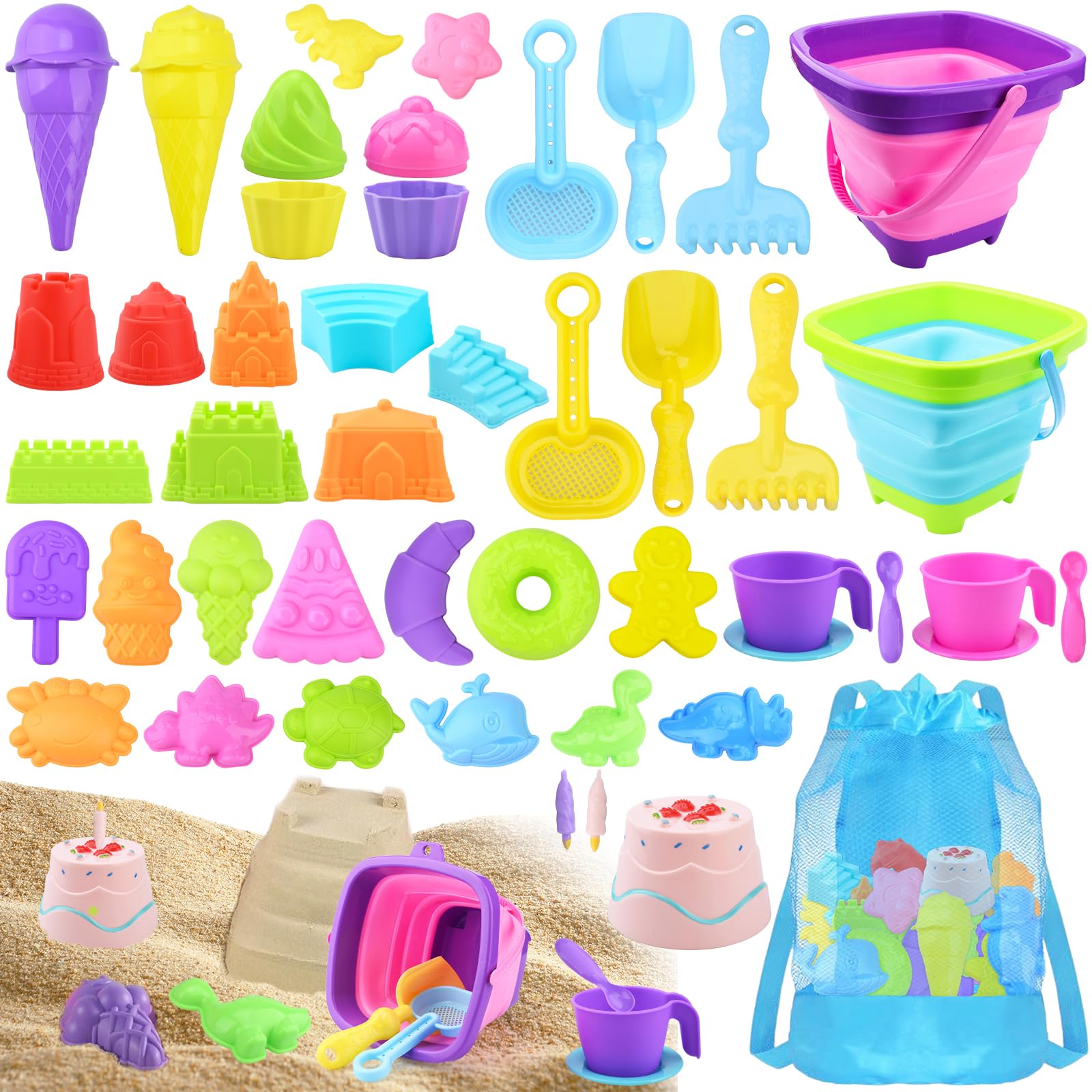 Juguetes de Playa para Niños,Juego de Juguetes de Arena,Juguetes Playa en Bolsa de Malla,Juguetes Playa con Moldes de Arena Castillo,Cubo,Pala,Juguetes de Playa al Aire Libre Niños Niñas