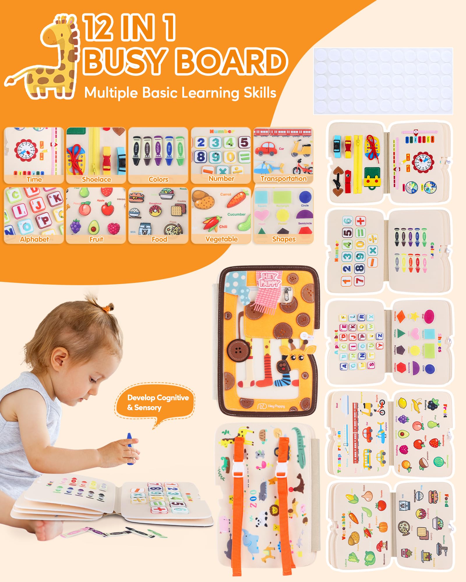 Heypappy Busy Board,12 in 1 Montessori Busy Board Feltro,Montessori Didattici Libro Sensoriale Educativo, Giocattolo per Abilità Motorie con Cintura Zaino Regalo Bambino Compleanno Natale