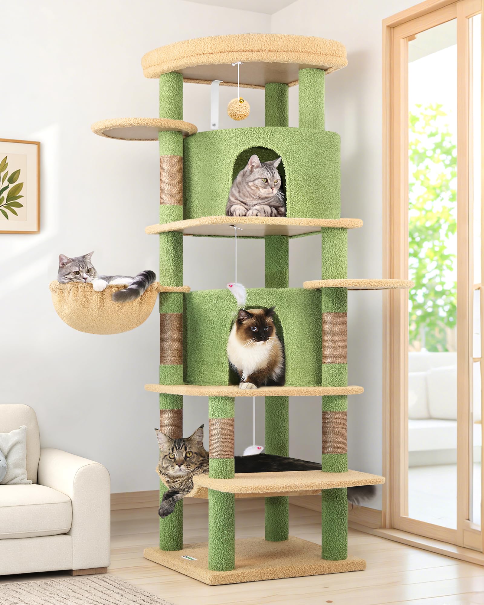 Globlazer Cat Tree Black Green Cactus for Indoor Cats 167 cm with 2 Caves, Large Cushion Platform, Hammock, Basket, 6 Scratching Posts, Sturdy Cat Tower for 3-4 Cats Rest Play Scratch (C66, Green)