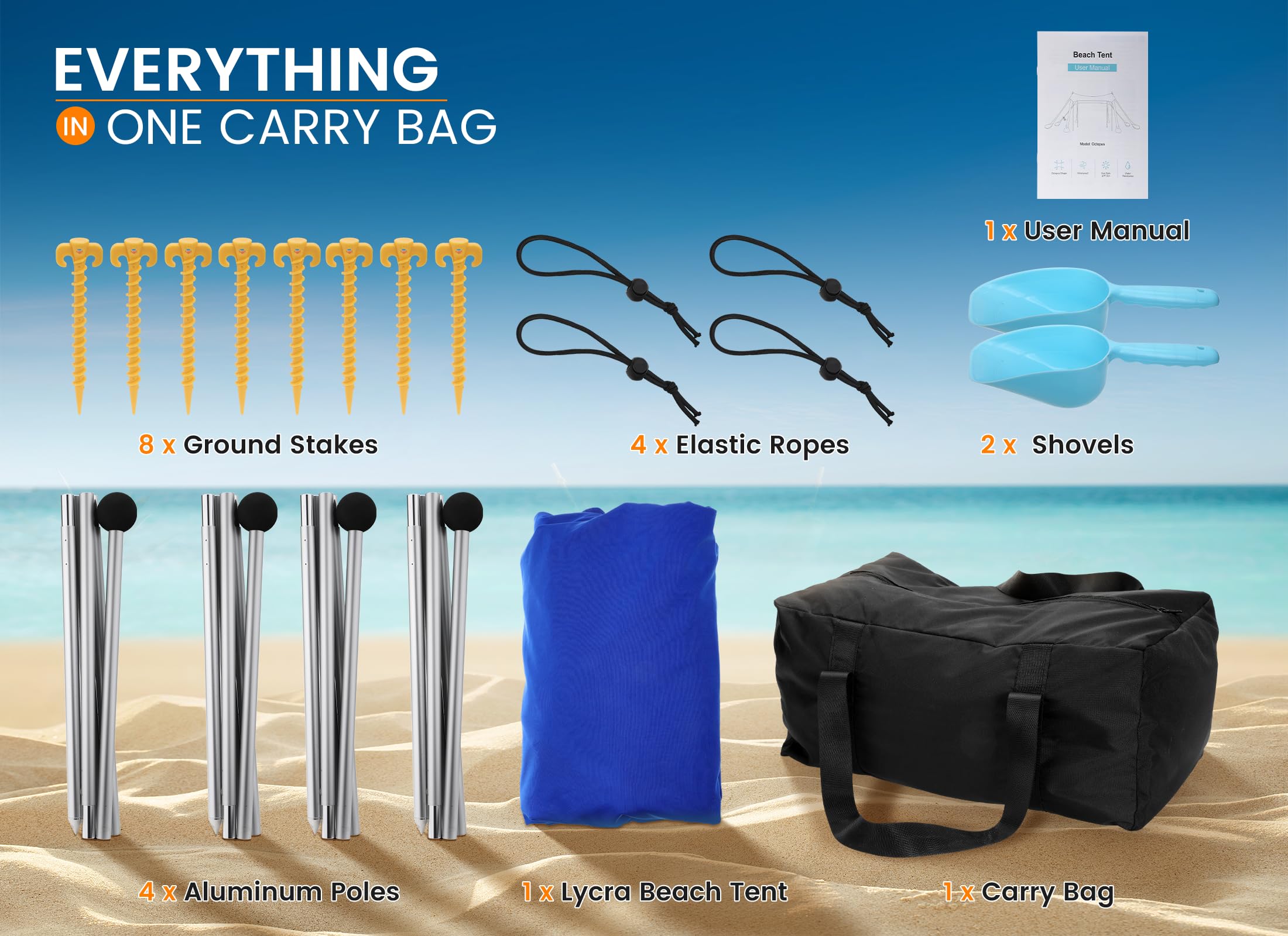Tenda da Spiaggia Portatile Tents, Grande Tenda Mare Spiaggia UPF50+ Tenda Della Spiaggia di con 4 Pali, Pala, Picchetti e Borsa per il Trasporto per Campeggio, Pesca, 3x 3x 2M