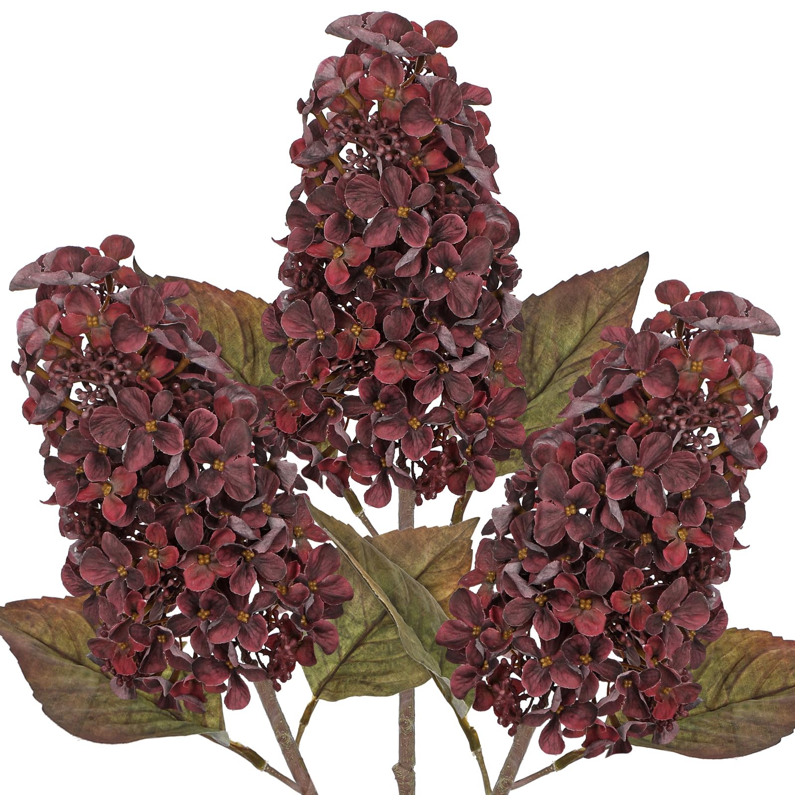 3Pcs Artificial Cone Hydrangea Flowers Burgundy Fake Autumn Flowers Stems
