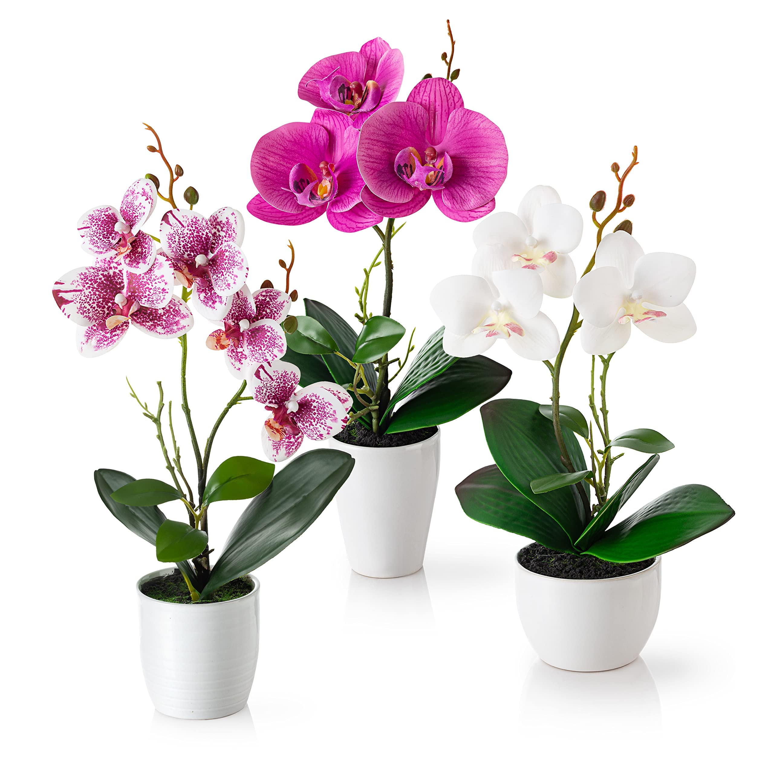 PASCH ® Fleurs artificielles en Pot (35 cm) Lot de 3 orchidées, Arrangement artificiellement coordonné dans des Pots en céramique Brillante, Fleurs décoratives orchidées artificielles (Blanc-Rose)