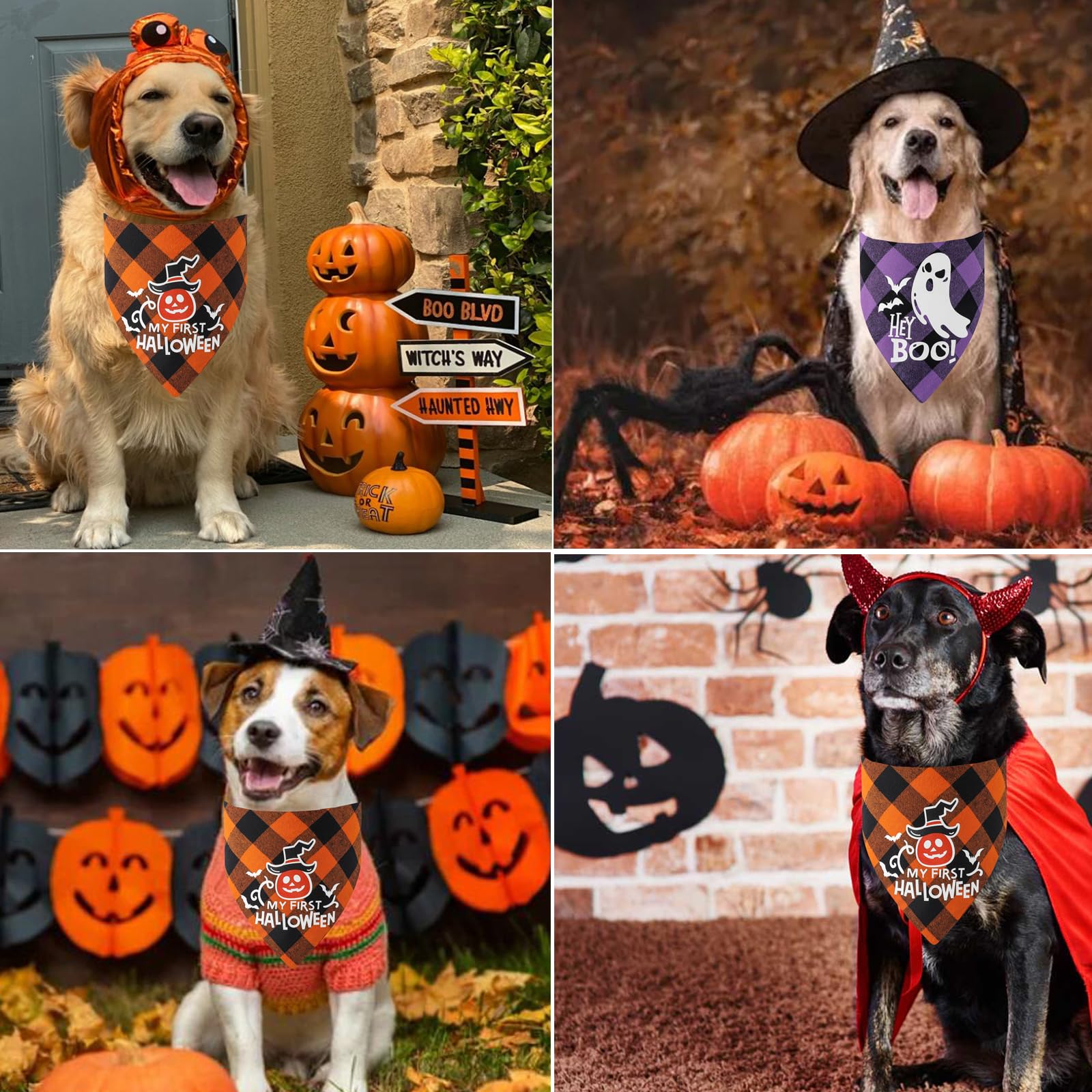 4x Halloween Halstuch Für Hunde – Dreieckig, Mit Kürbis & Fledermaus-Muster, Für Alle Größen