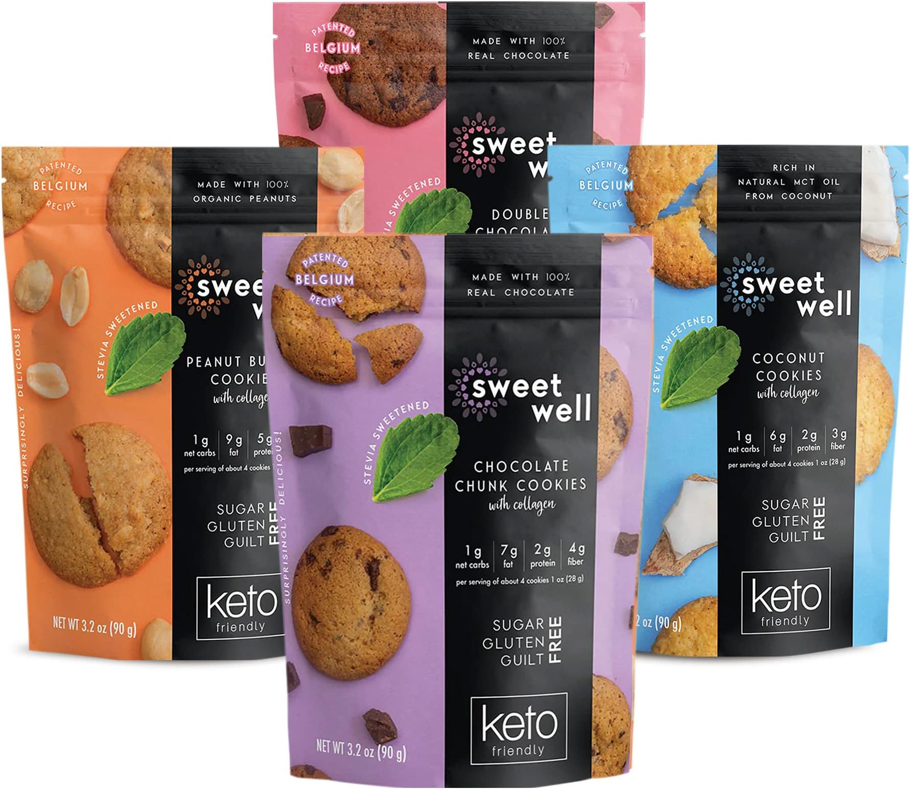 Keto Cookies Variety Pack, Low Carb Keto Snacks, Gluten-Free Keto Cookies with Real Ingredients, Stevia Sweetener and Collagen, Sugar-Free, Includes 4 Flavors, 3.2 oz Each, Pack of 4 - Sweetwell