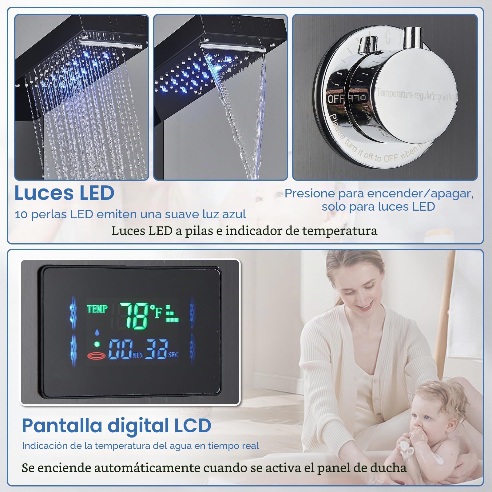 Panel de Ducha Negro LED Panel de Hidromasaje en Acero Inoxidable Con Ducha de Mano y Manguera de Baño Panel de Ducha Grifería Efecto Lluvia Masaje Set