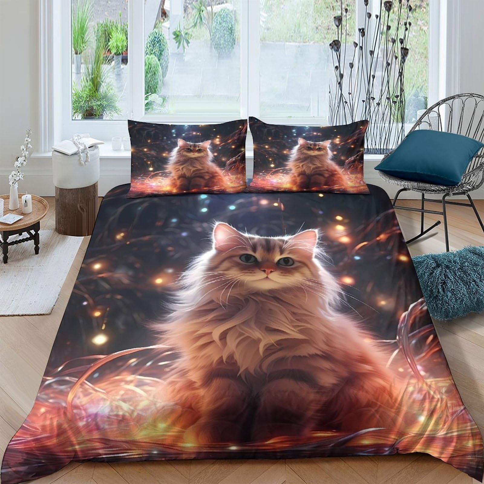 GPLZQXKJNH 3D Printed Fluffy Cat Duvet Cover Microfiber Soft Breathable Fantasy Firework Quilt Cover Set with 2 Pillowcases for Bedroom Decor Single（135x200cm）