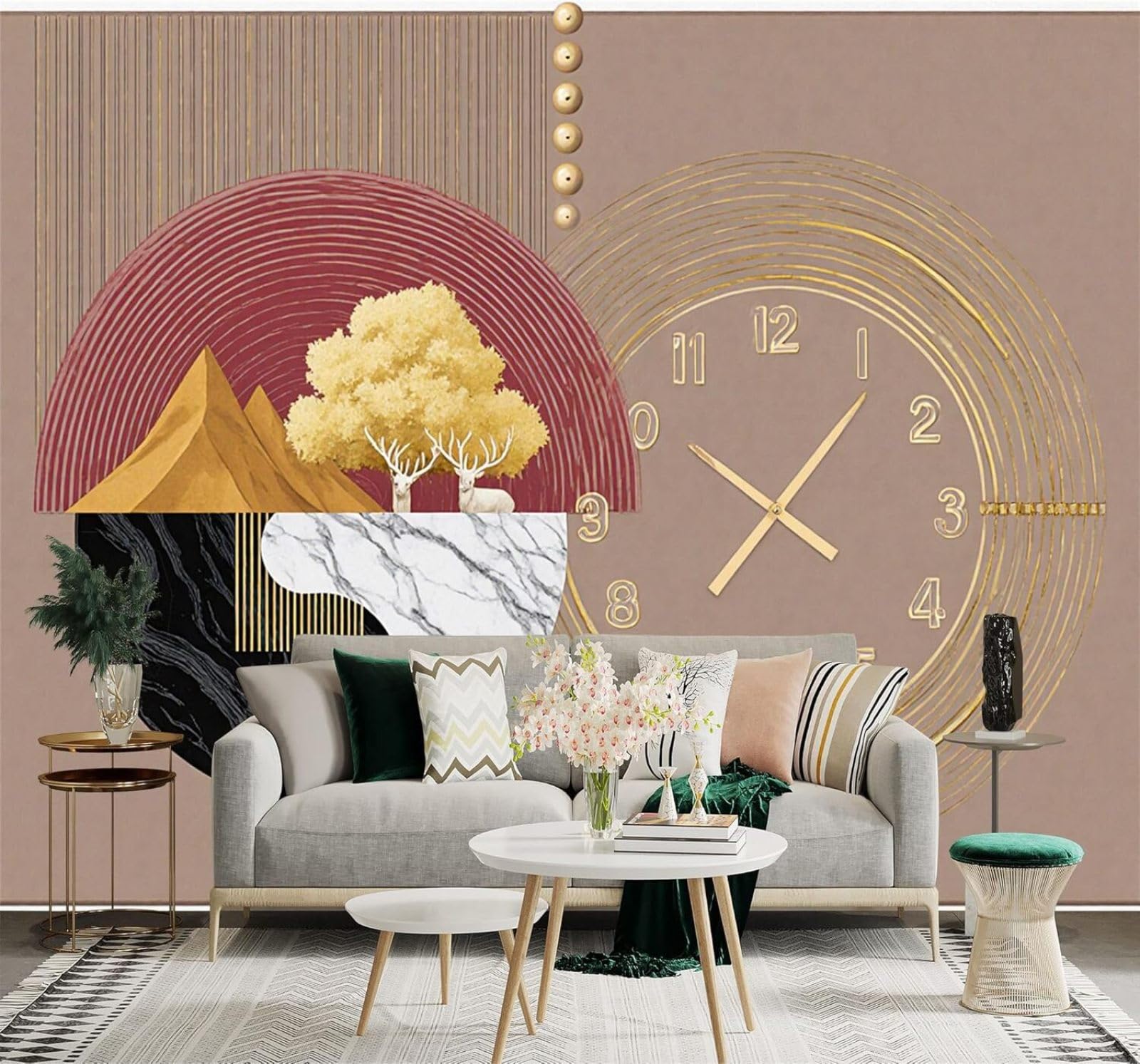 Tzxztt Abstract Geometric Golden Clock Deer Mountains Trees Modern 3D Wallpaper Premium Textured Silk Neutral Tones Material Ideal for Living Room Bedroom-350cm×256cm