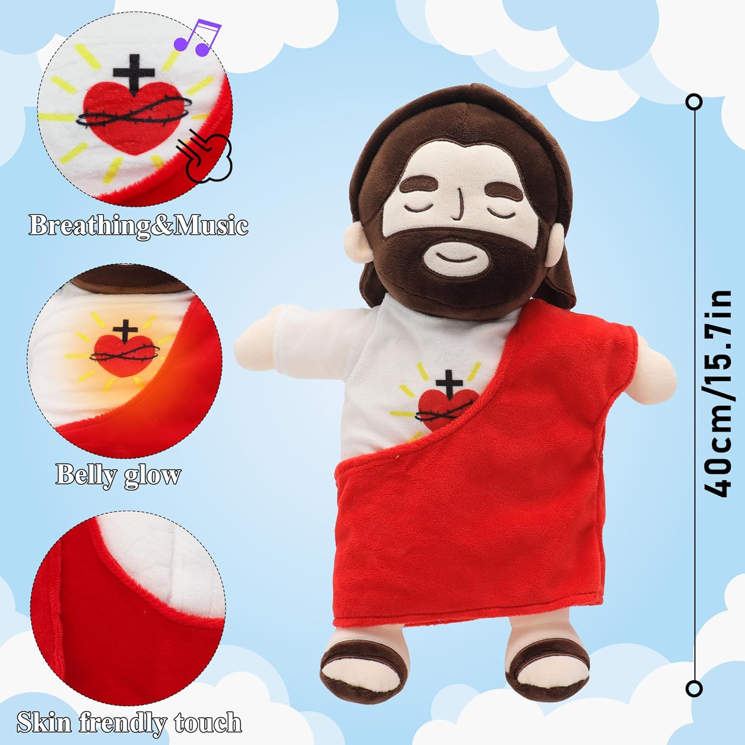 Yelakey Jesus Plush that Breathes, Jesus Stuffed Doll with Glow&Songs, Easter Toy Savior Doll for Church Sunday School Religious Easter Gift for Kids (Red)