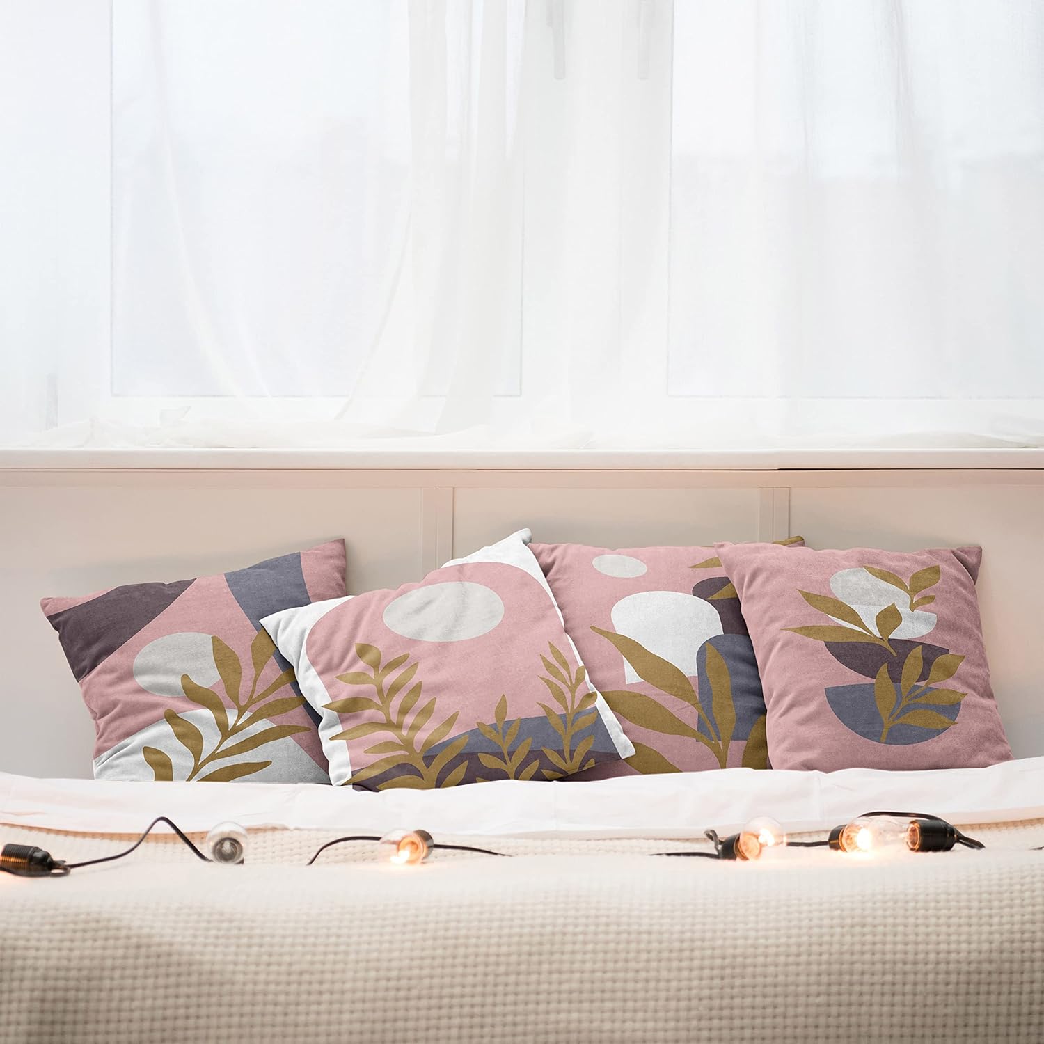 Ambesonne Minimal Throw Pillow Cushion Case Pack of 4, Modern Style Leaf Branch and Geometric Abstract Details Contemporary, Modern Accent Double-Sided Digital Printing, 18", Rose Fawn and Eggplant