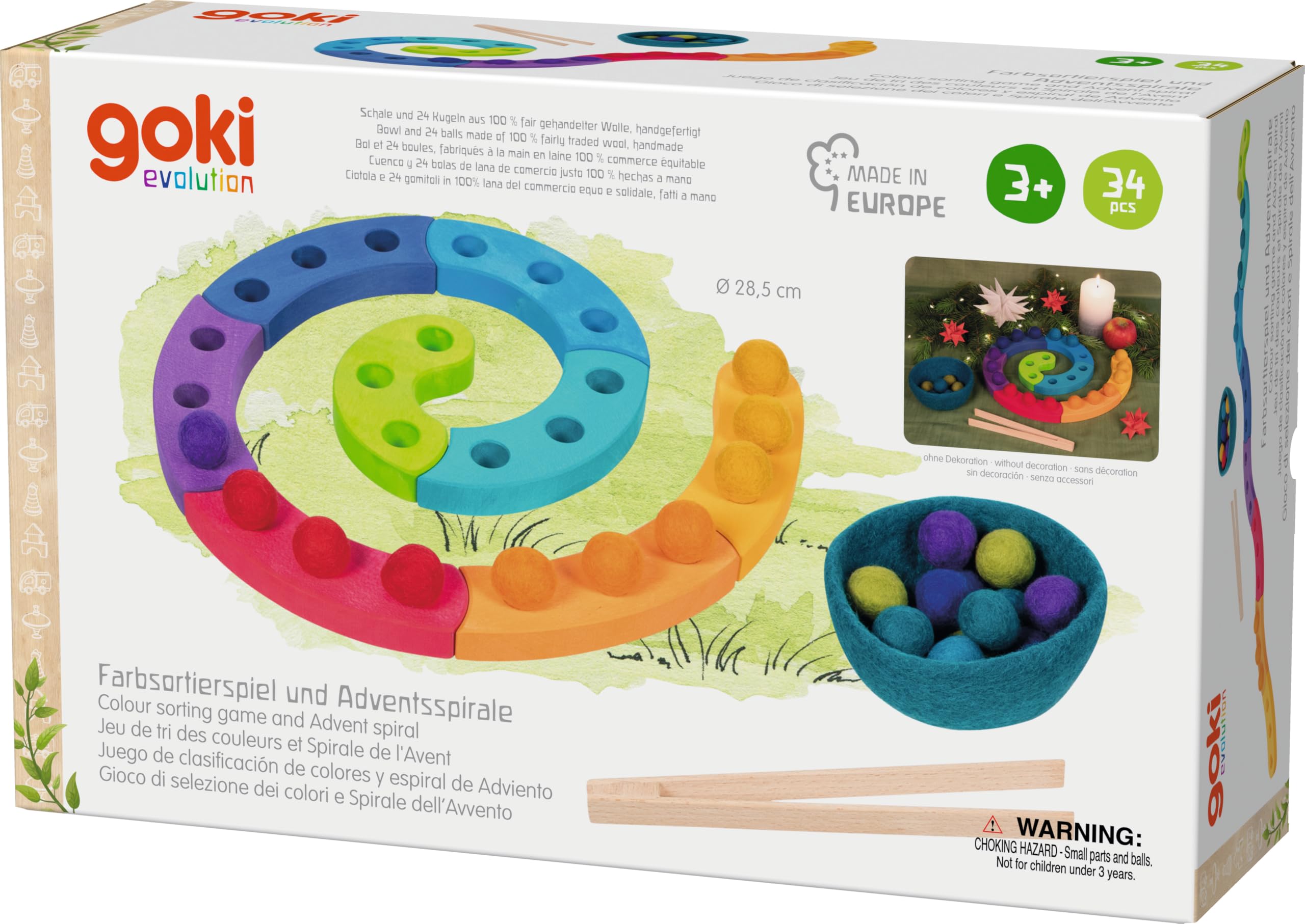 goki 58354 - Farbsortierspiel und Adventsspirale - aus hochwertigem Holz und Wollfilz - goki Evolution - Montessori-Spielzeug - Made in Europa