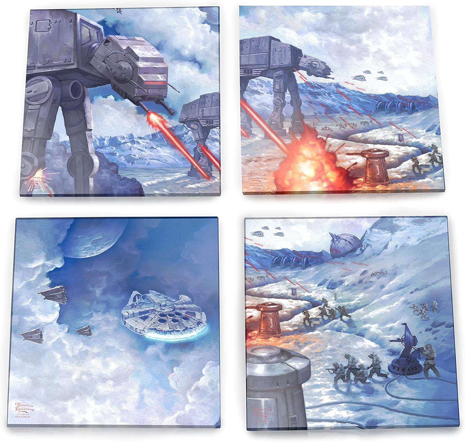 Star Wars– at-at Walker – The Battle of Hoth – Thomas Kinkade – Set of Four 4” x 4” Glass Coasters - Comes with Stylish Modern Wooden Coaster – for Gifting and Collecting SPCSTR1111
