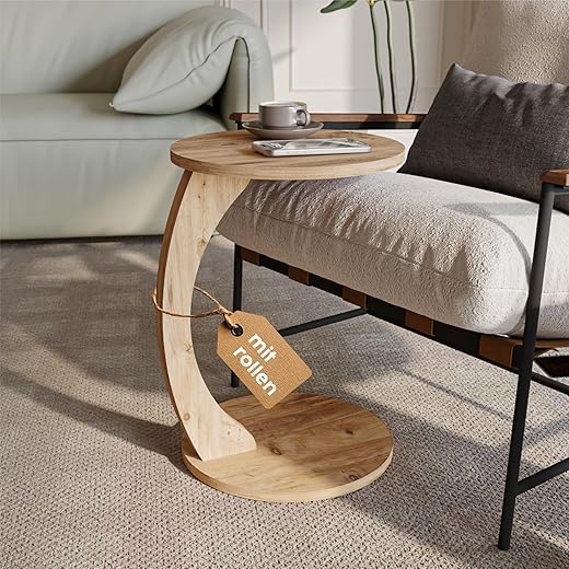 sugodesign Couchtisch mit Rollen, Kleiner Beistelltisch C Form, stylischer Sofatisch in schöner Nussbaum Holz Optik, runder Tisch als Ablagefläche für Couch und Sofa